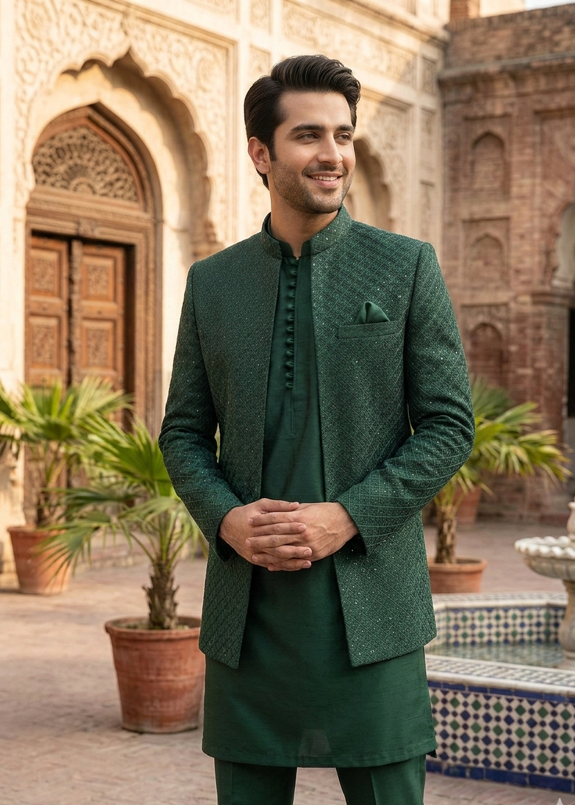 silk Prince Coat in Bottle green by Dulha Fashion House