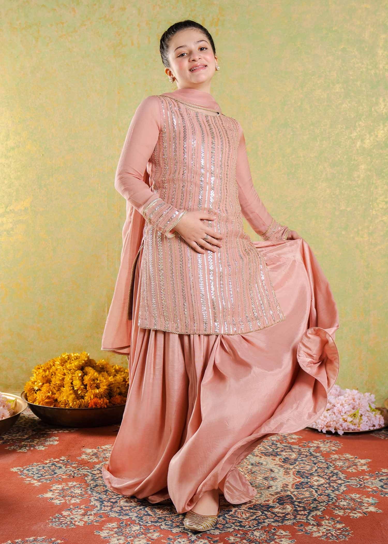 chikankari cotton Sharara in Peach pink