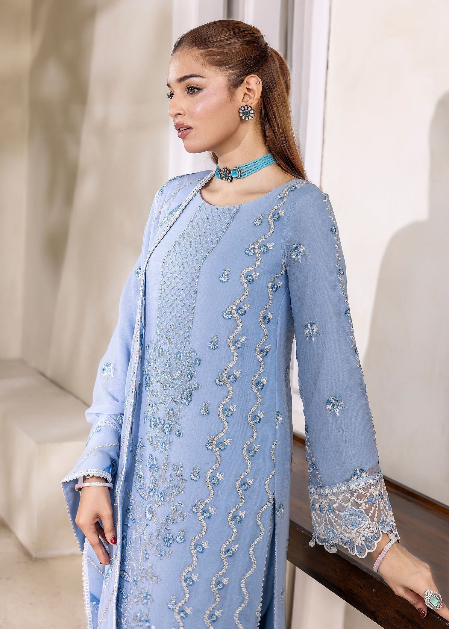 chiffon silk Kurta Set in Powder blue