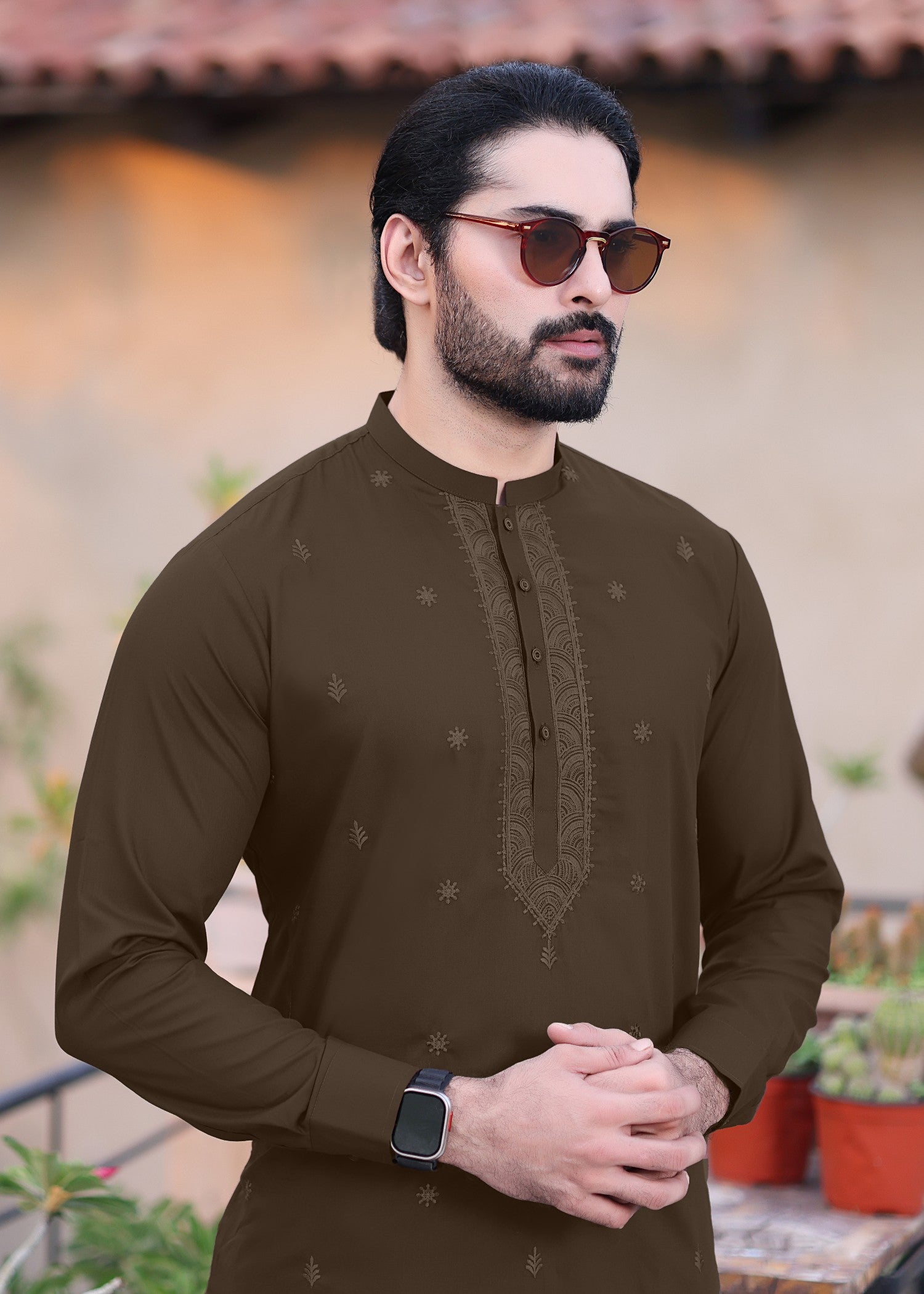 dobby Kurta Set in Brown