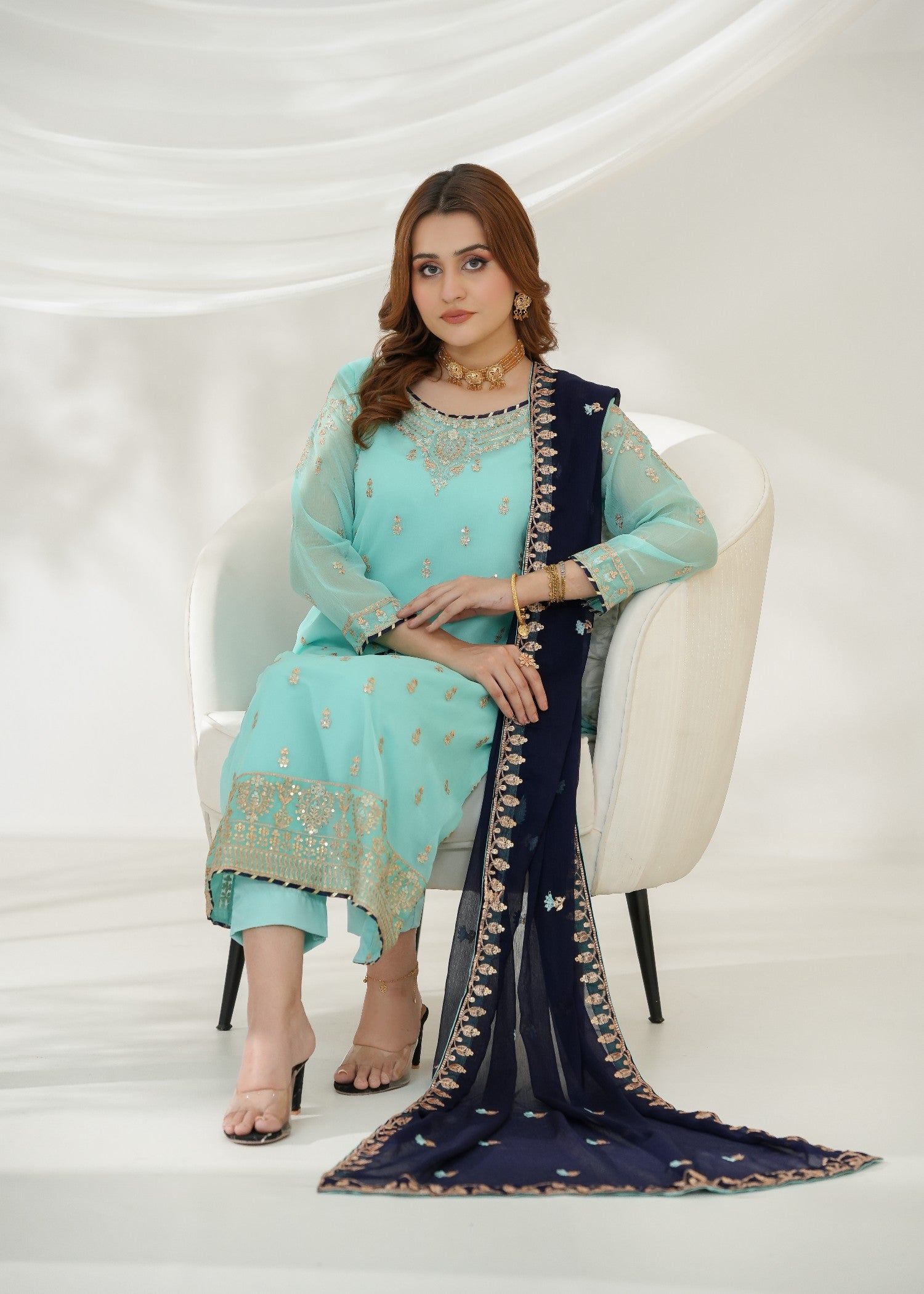 chiffon Kurta Set in Aquamarine, navy blue