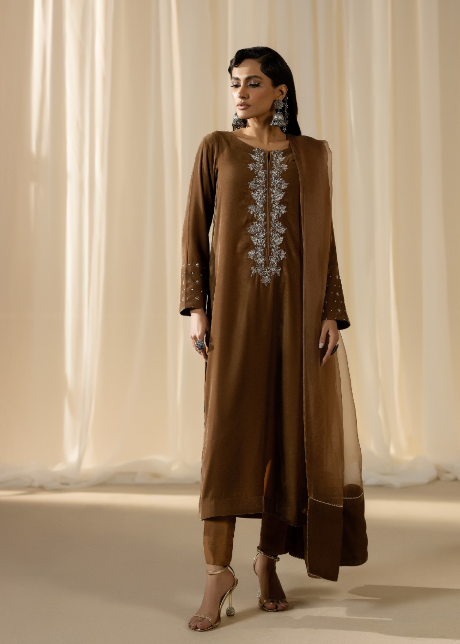 chinese micro velvet 9000 Kurta Set in Earth brown