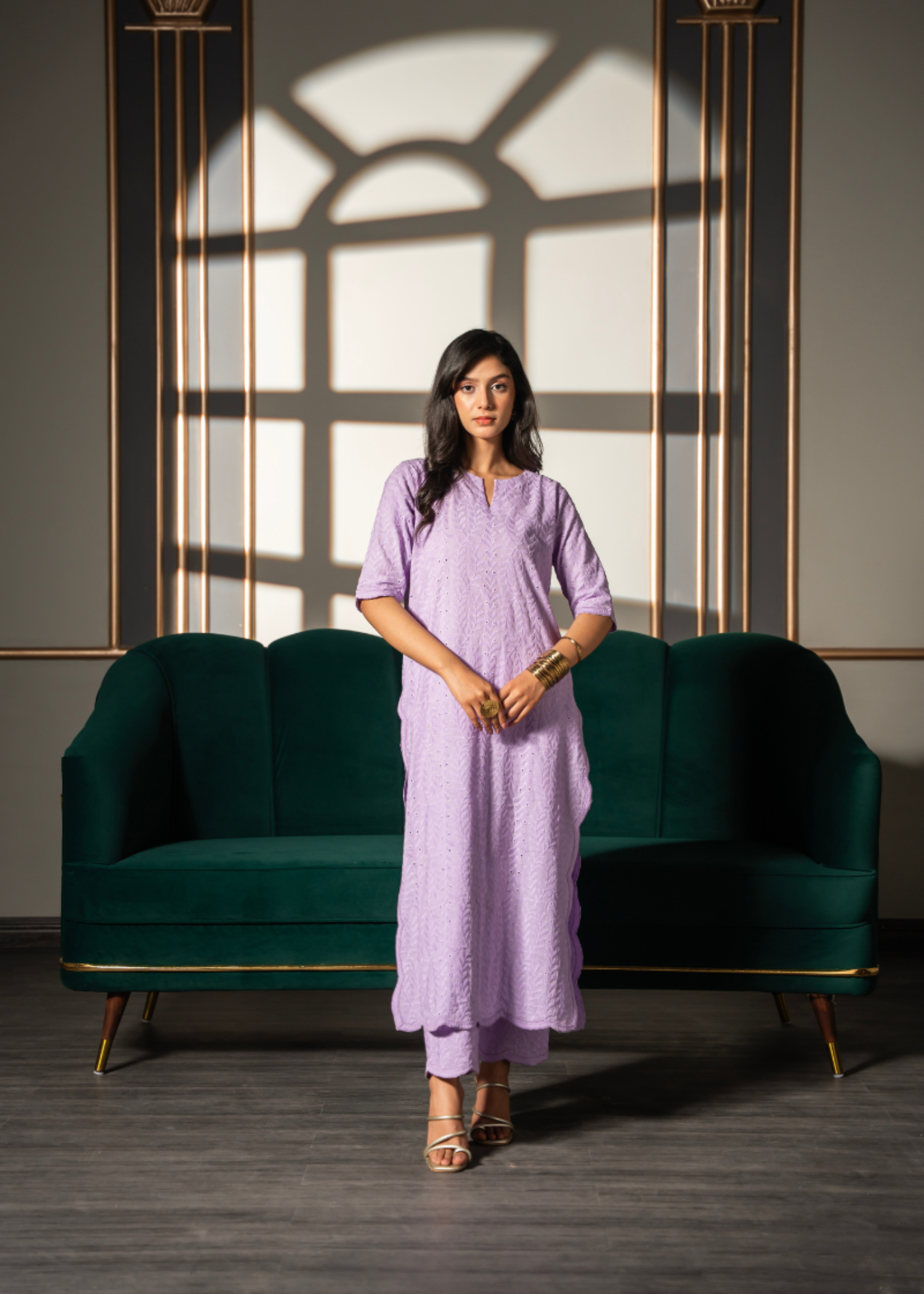 chikankari cotton Kurta Set in Lavender