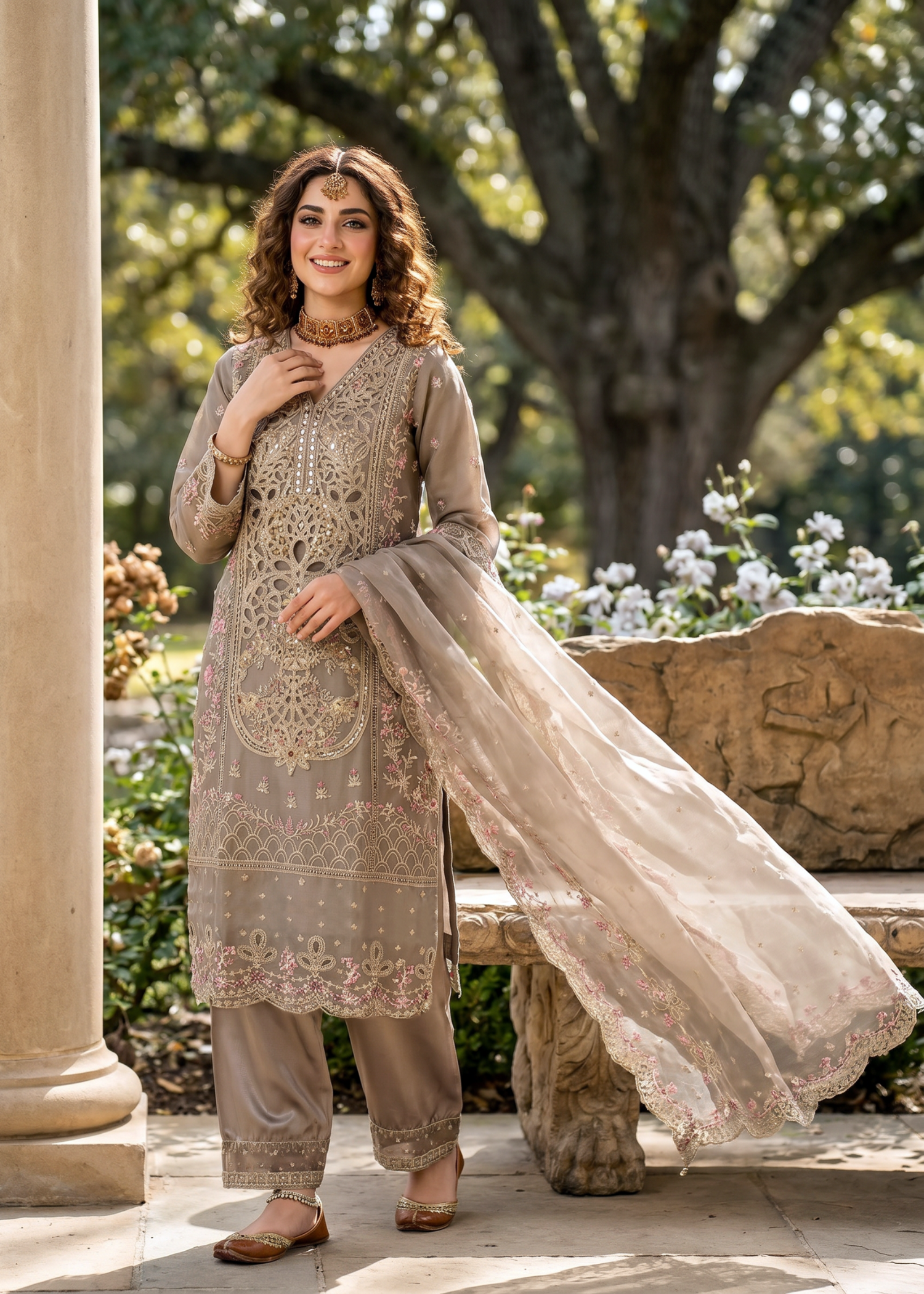 net Kurta Set in Earth brown