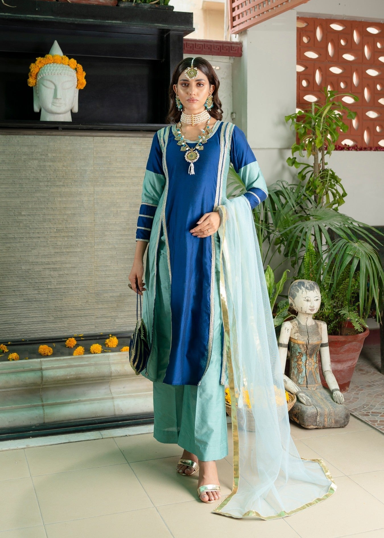 banarsi silk Kurta Set in Blue