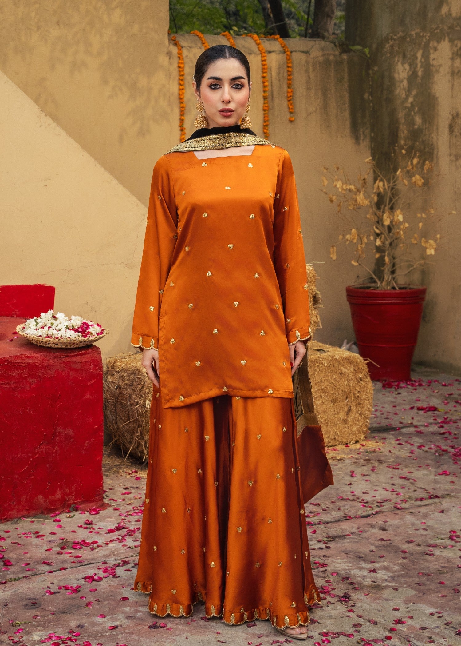 silk Sharara in Burnt orange