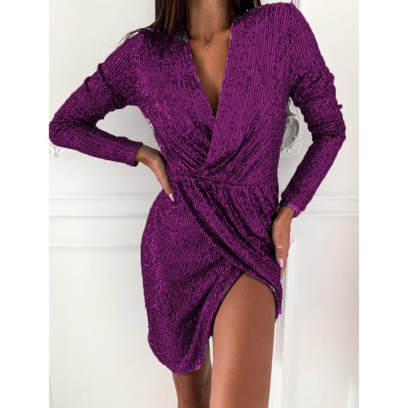Ladies Sequin Dress Long Sleeve V-Neck Mini Skirt