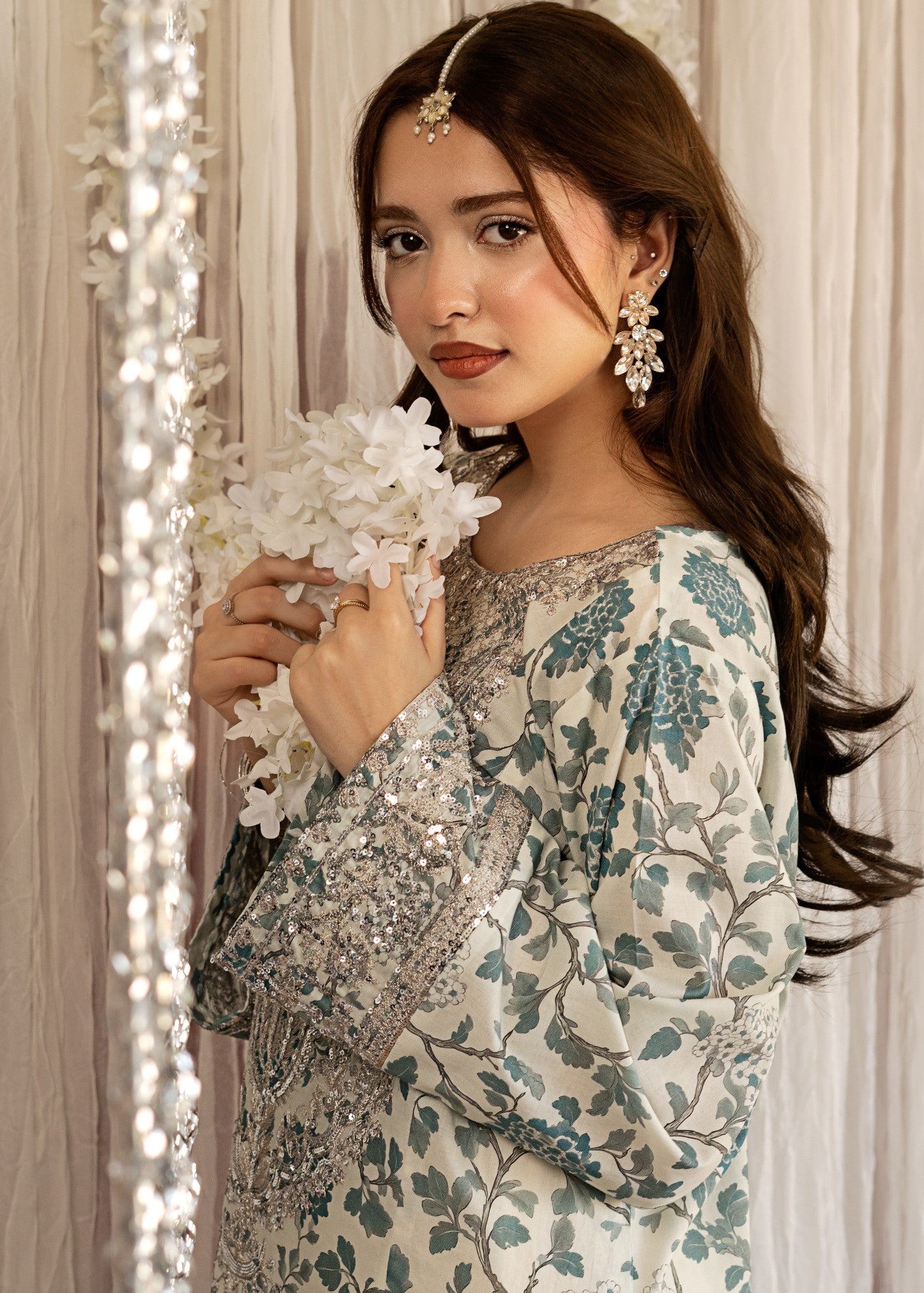 lawn Kurta Set in Off-white, steel blue