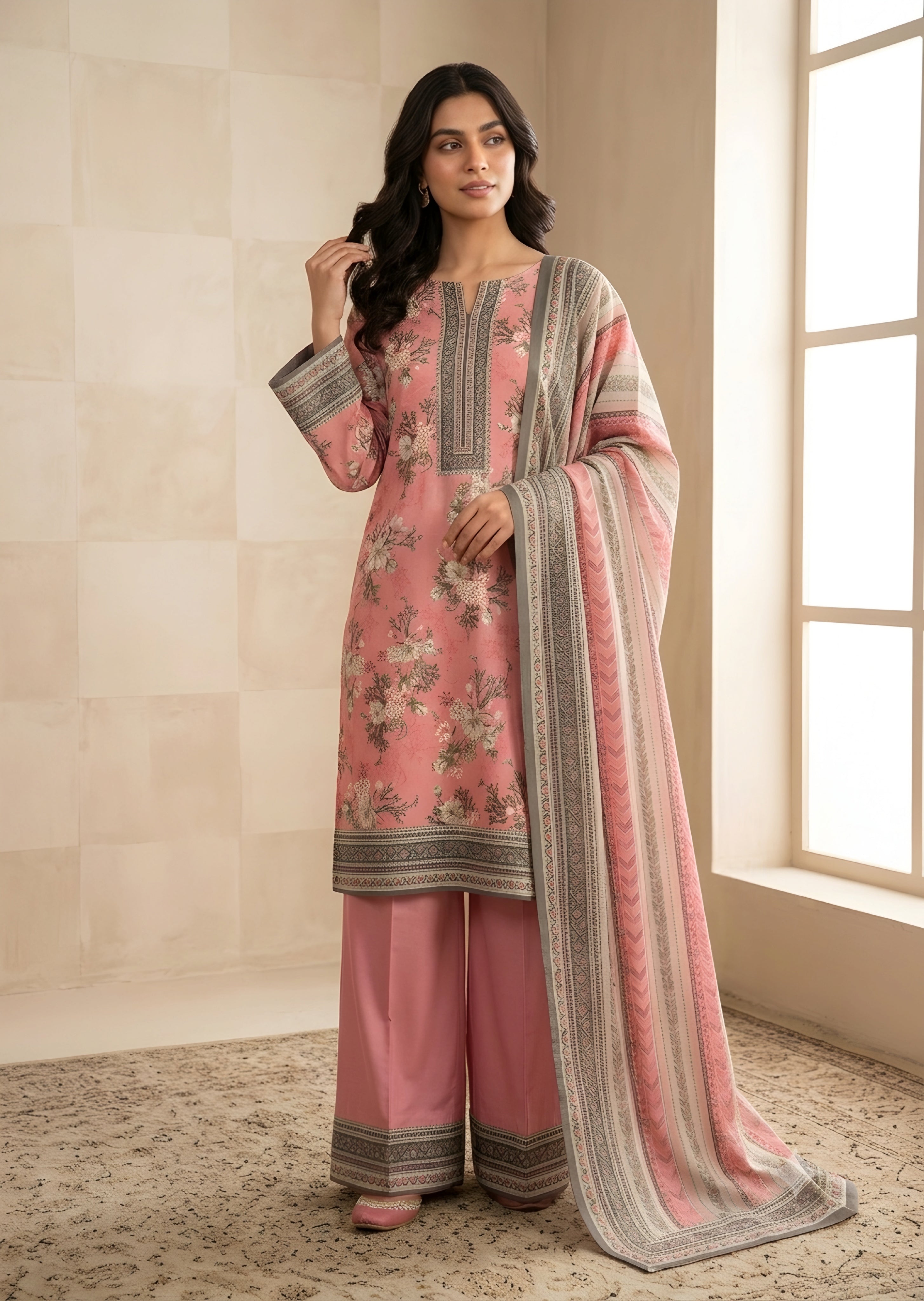 lawn Unstitched in Indian pink