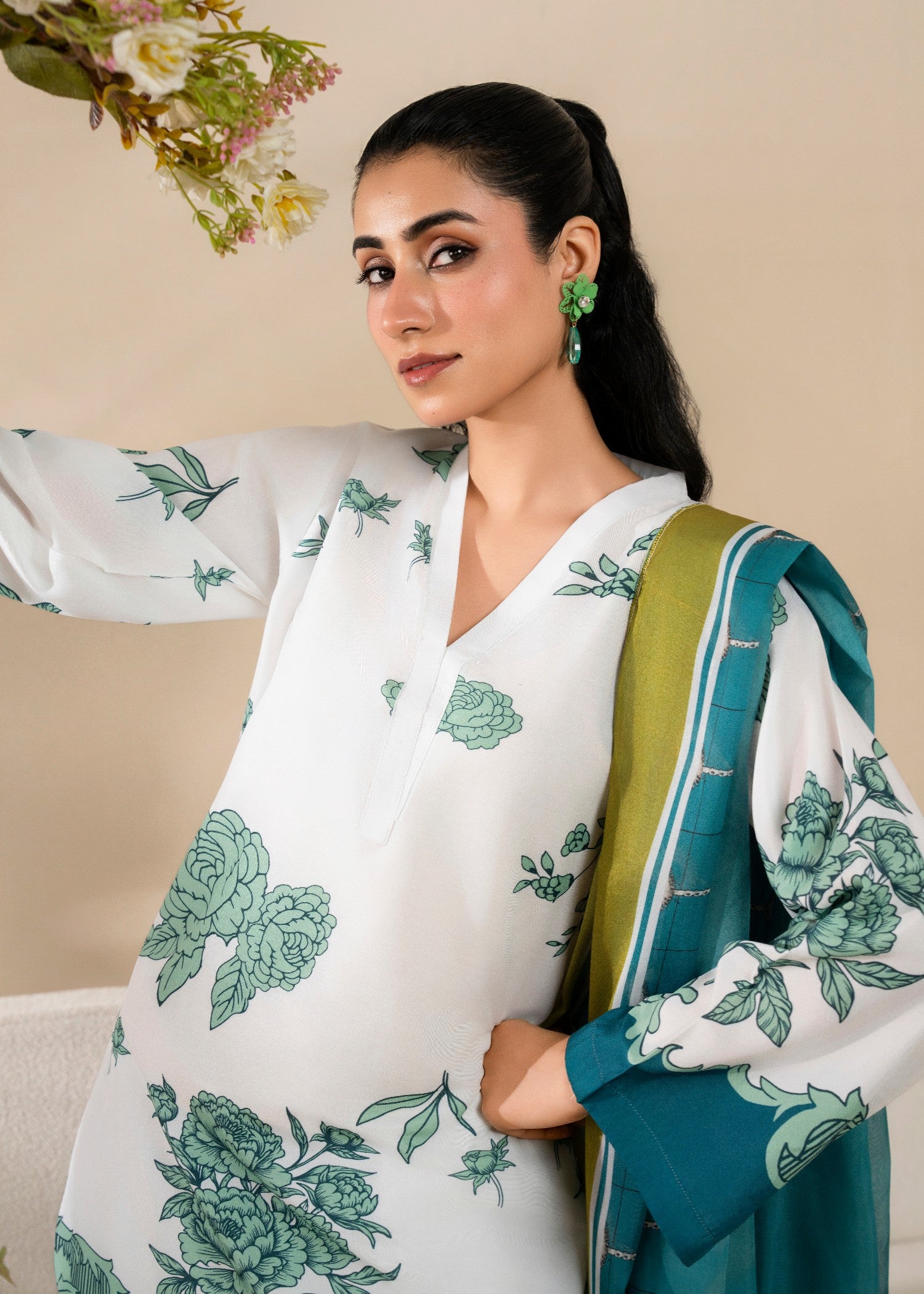 poly lawn Kurta Set in White, emerald green