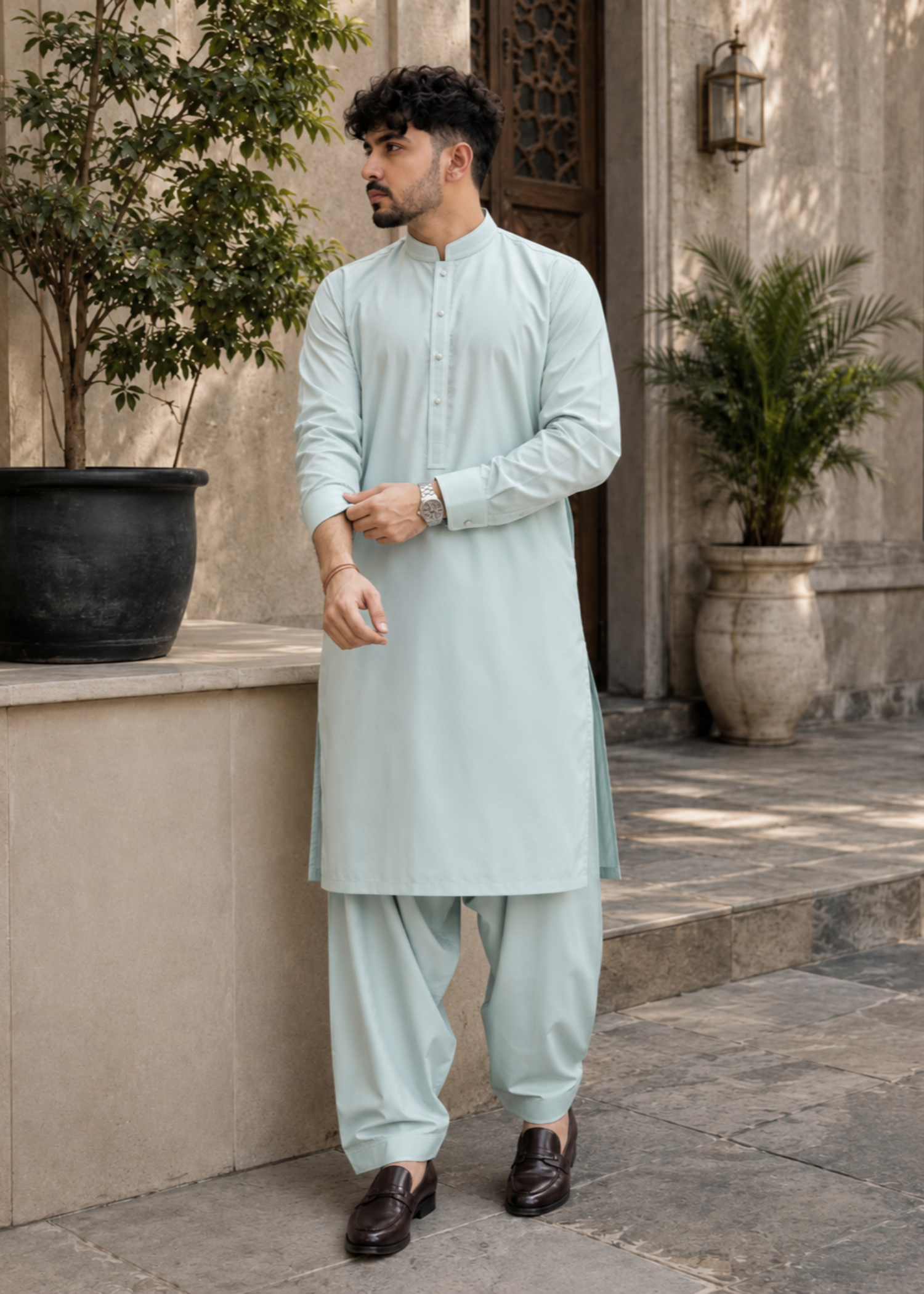 wash & wear Prince Coat in Mint green