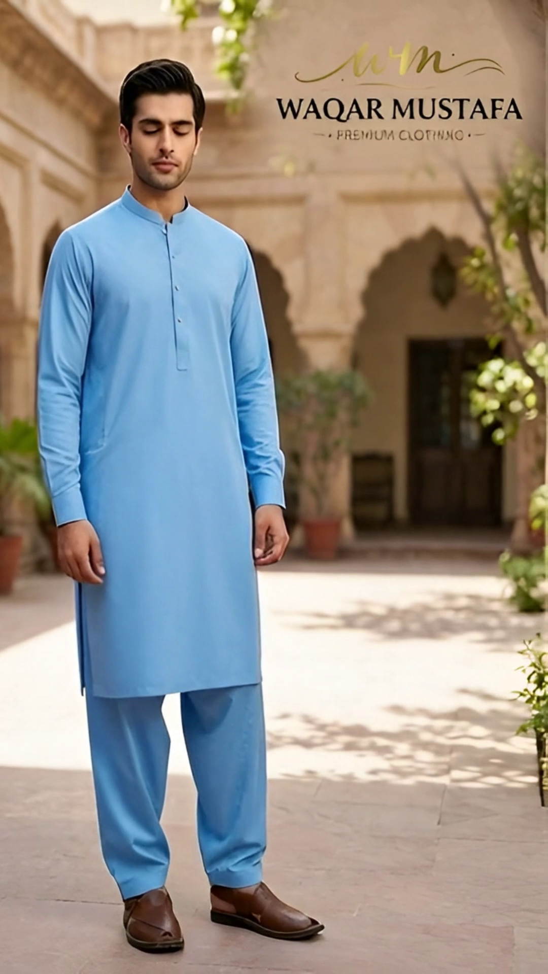 blend boski Shalwar Kameez in Sky blue by Waqar Mustafa