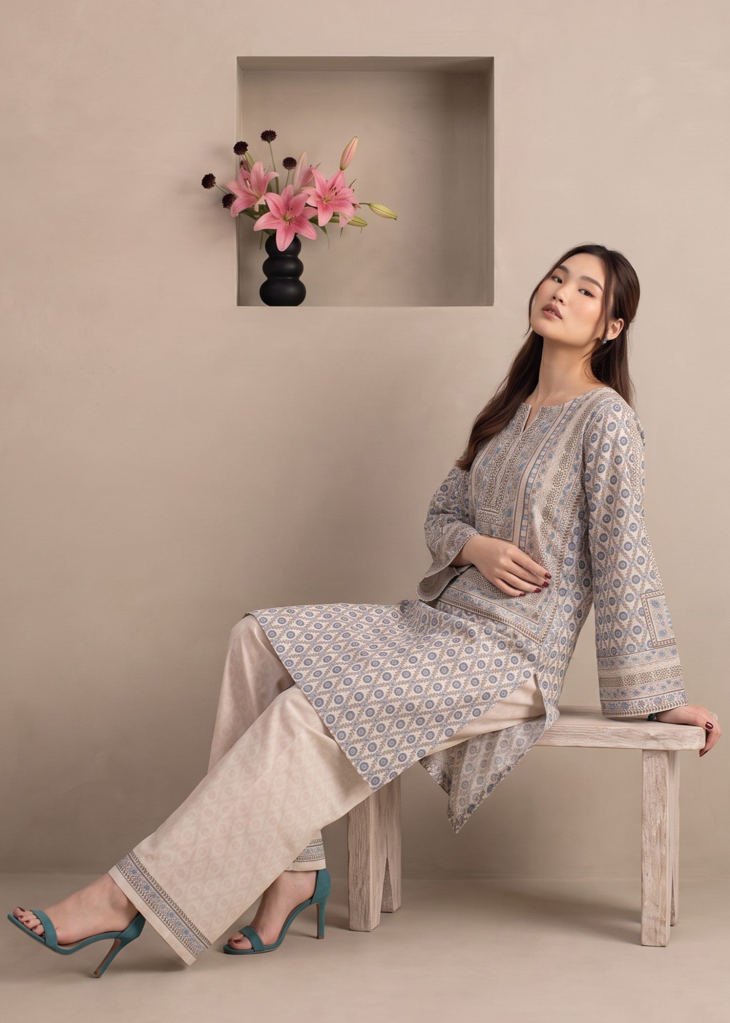 polyester crepe Kurta Set in Beige