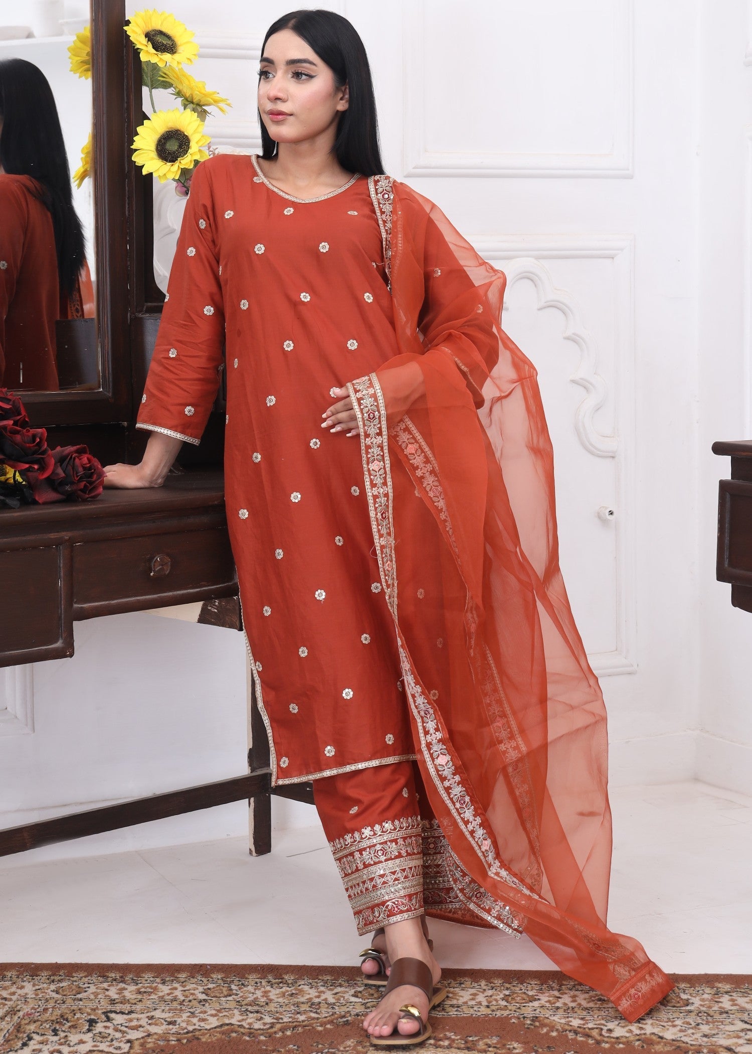 cotton Kurta Set in Copper orange