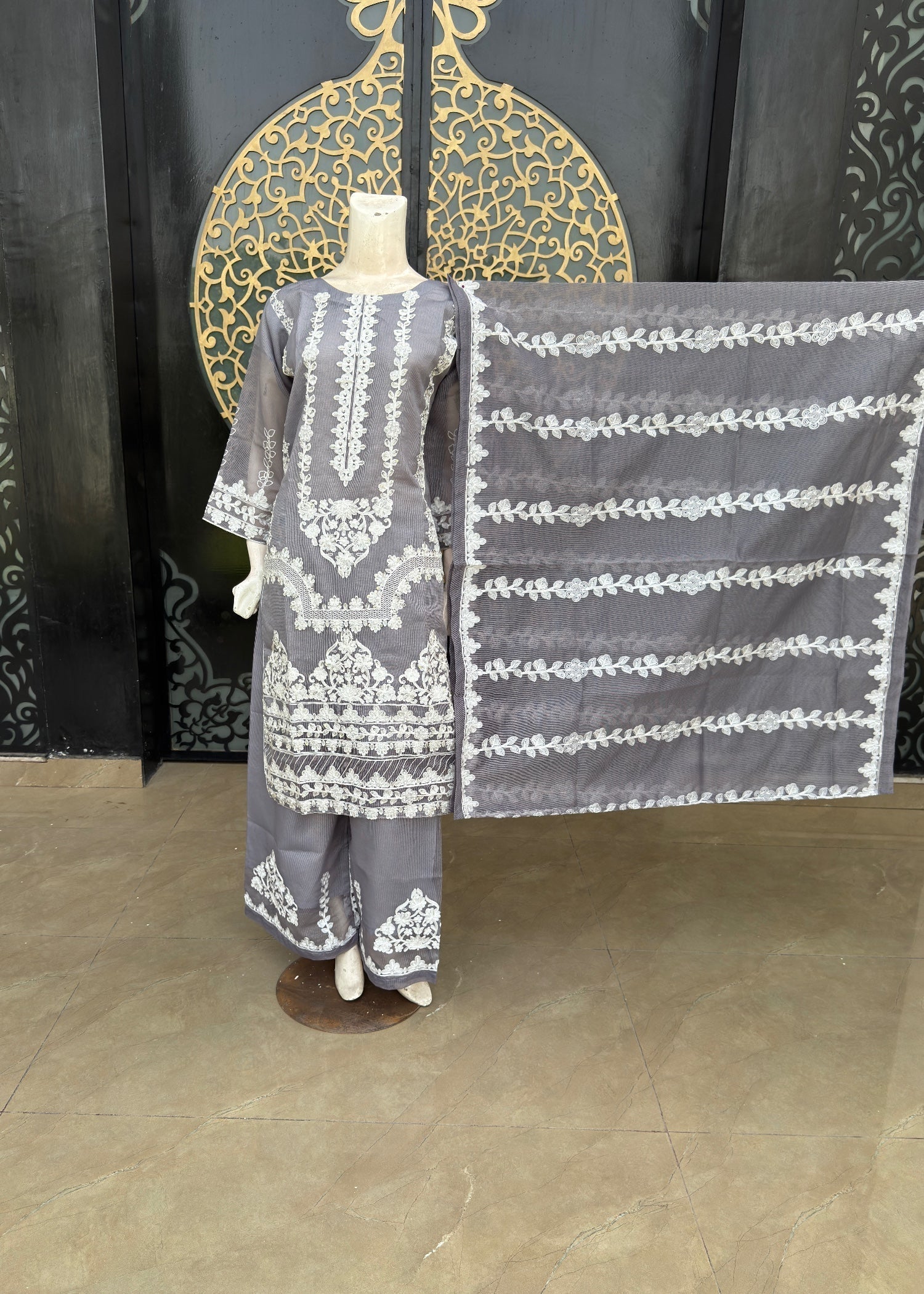 khaddi net Kurta Set in Silver