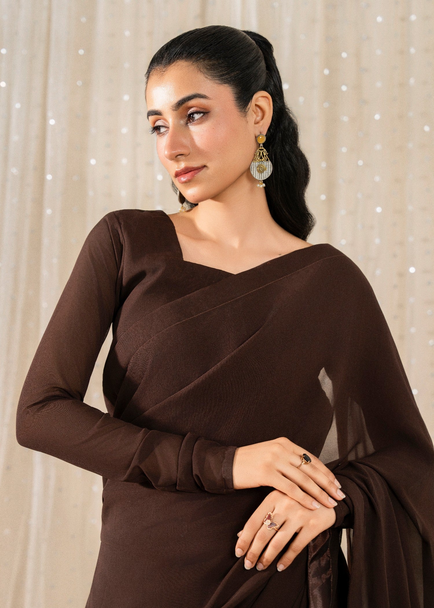 chiffon Saree in Hazelwood brown