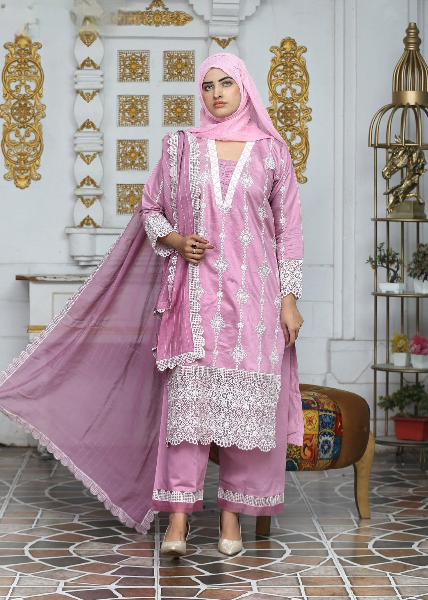 khaddi net Kurta Set in Pink