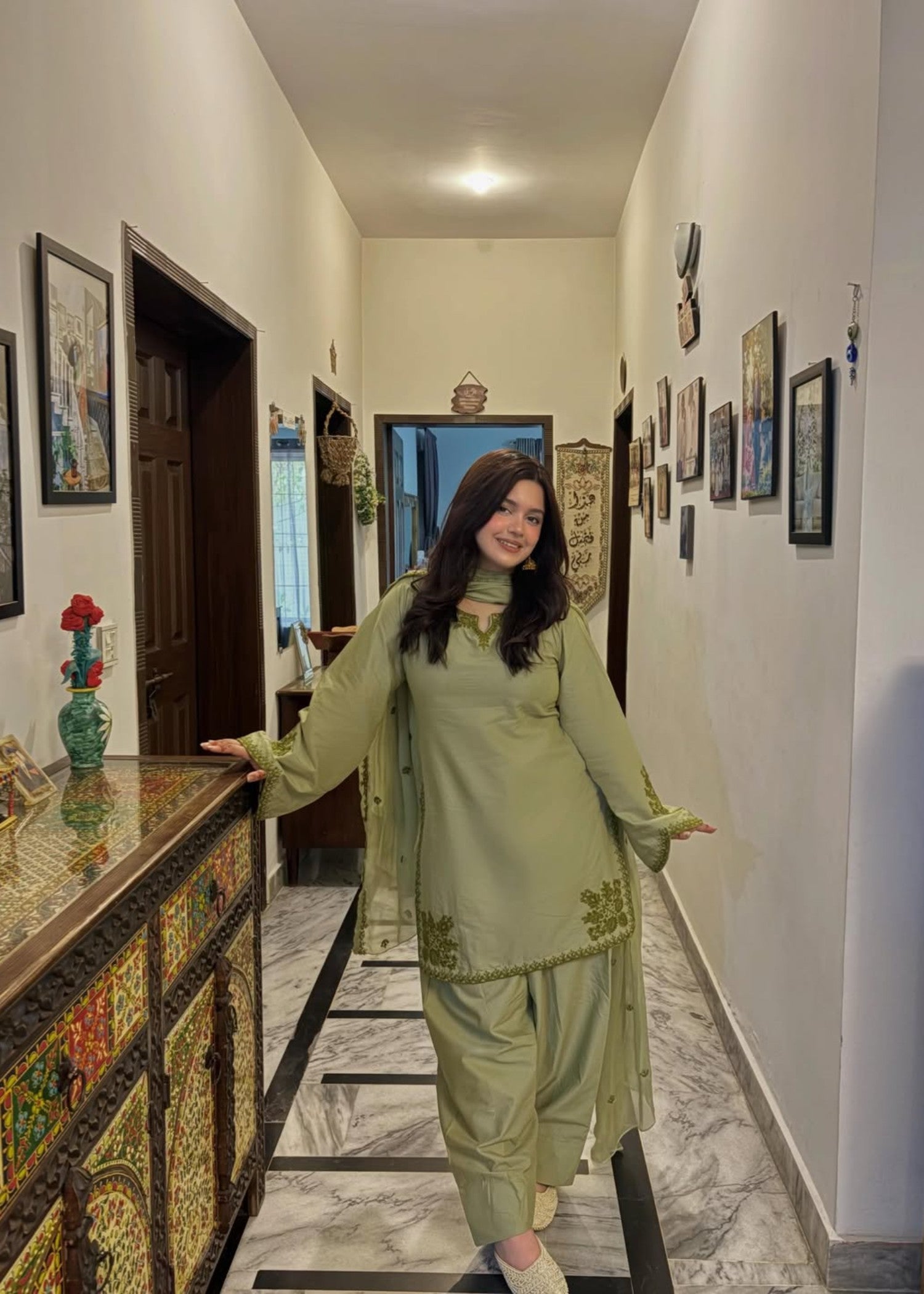 cotton Kurta Set in Apple green