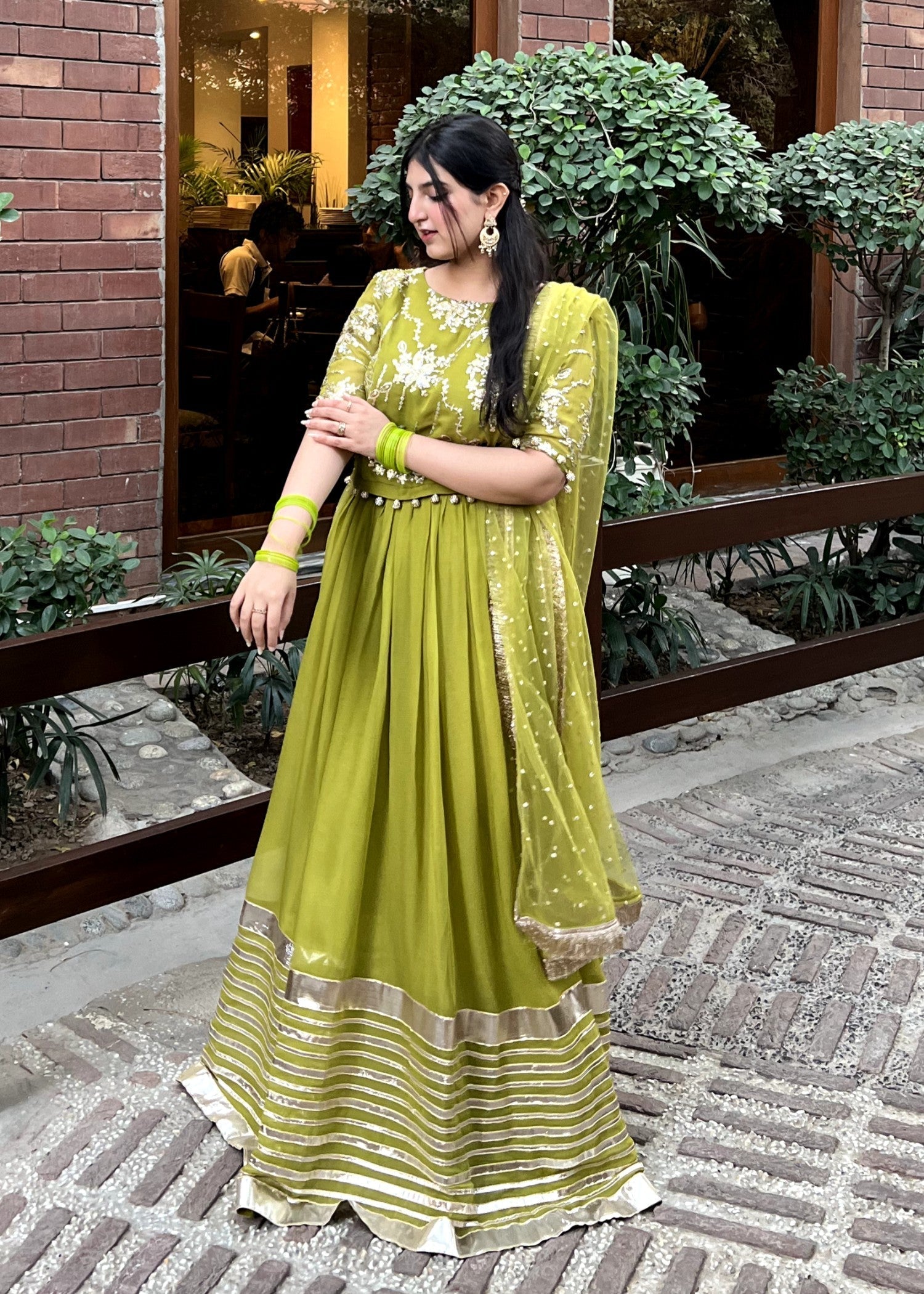 bemberg crinkle chiffon Lehenga in Olive green