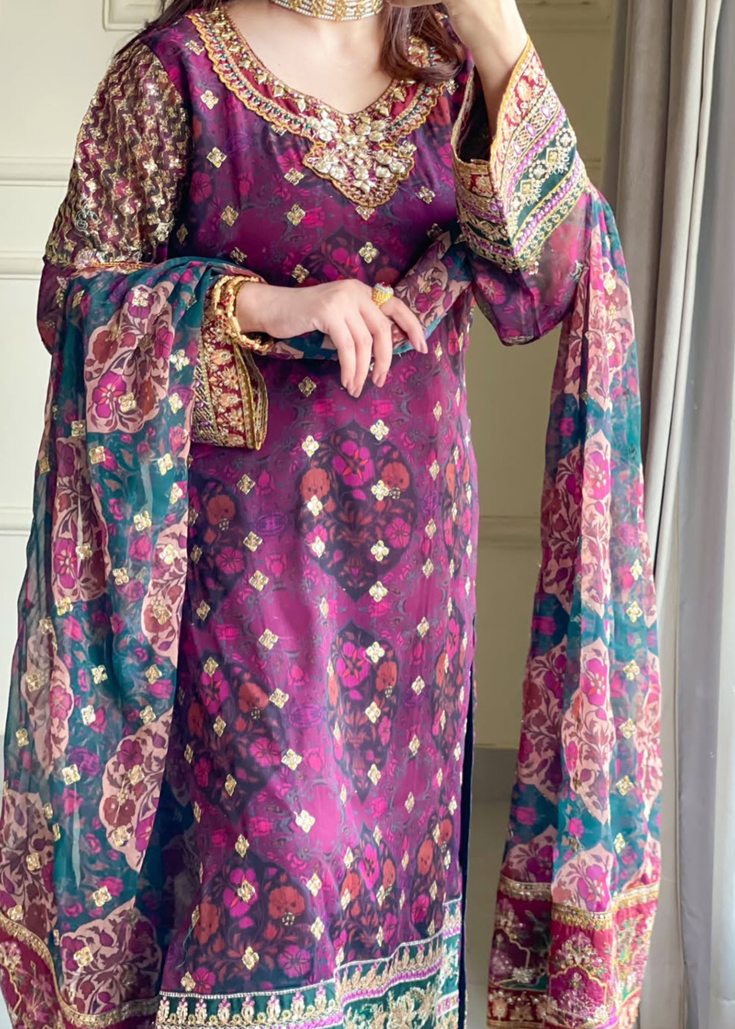 chiffon Kurta Set in Magenta