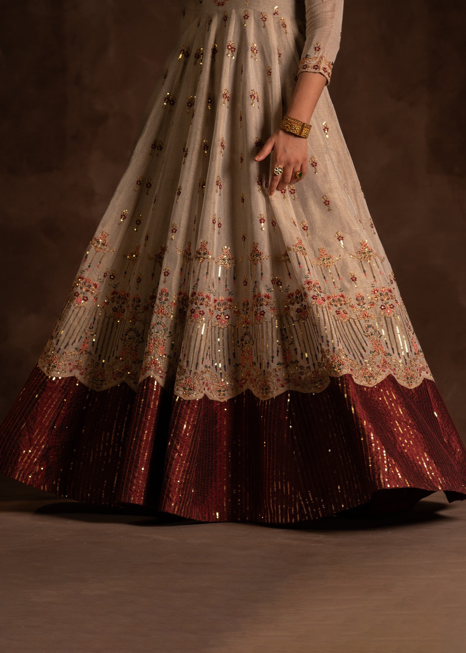 cotton net Pishwas in Maroon, beige