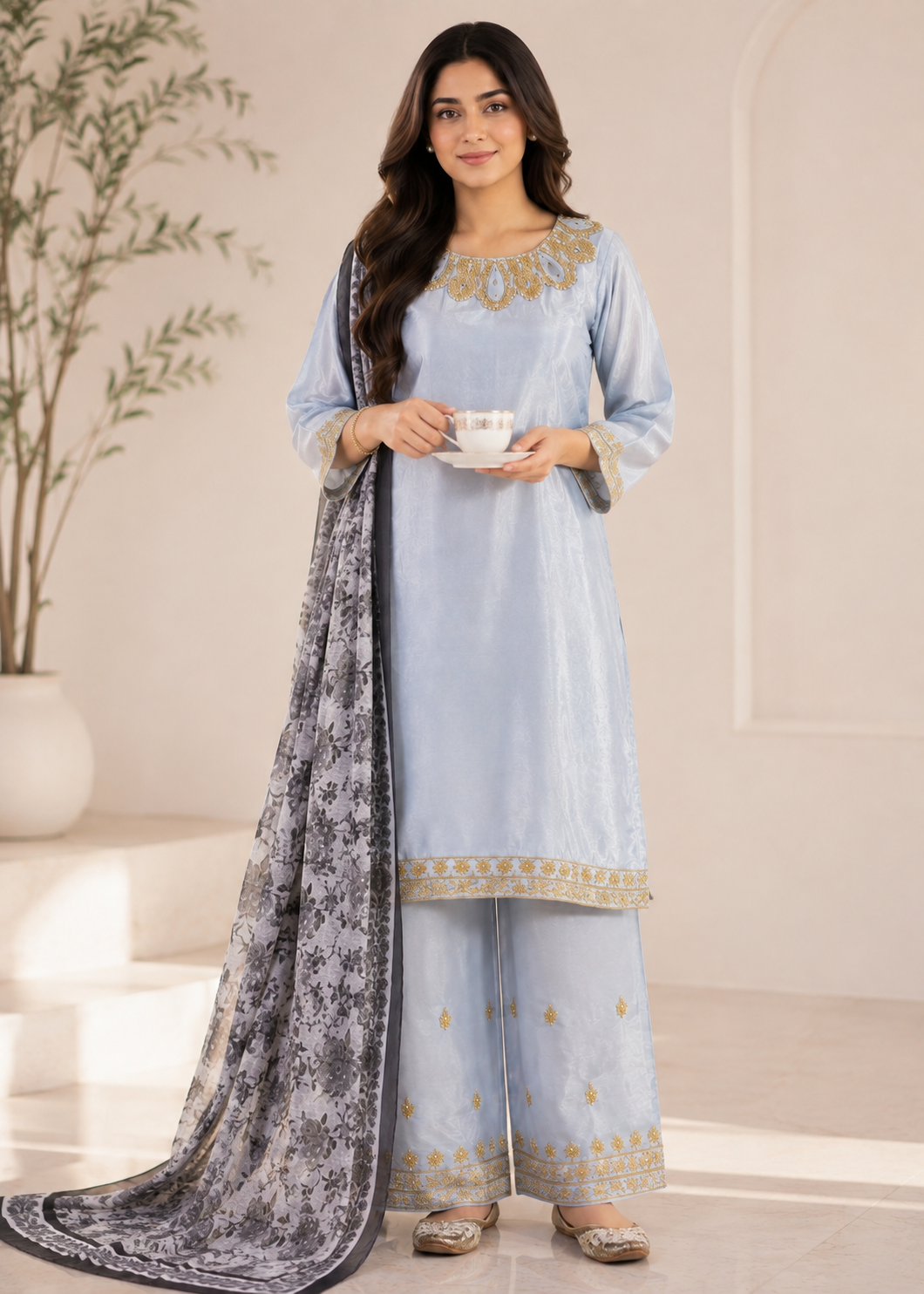 silk Kurta Set in Light blue