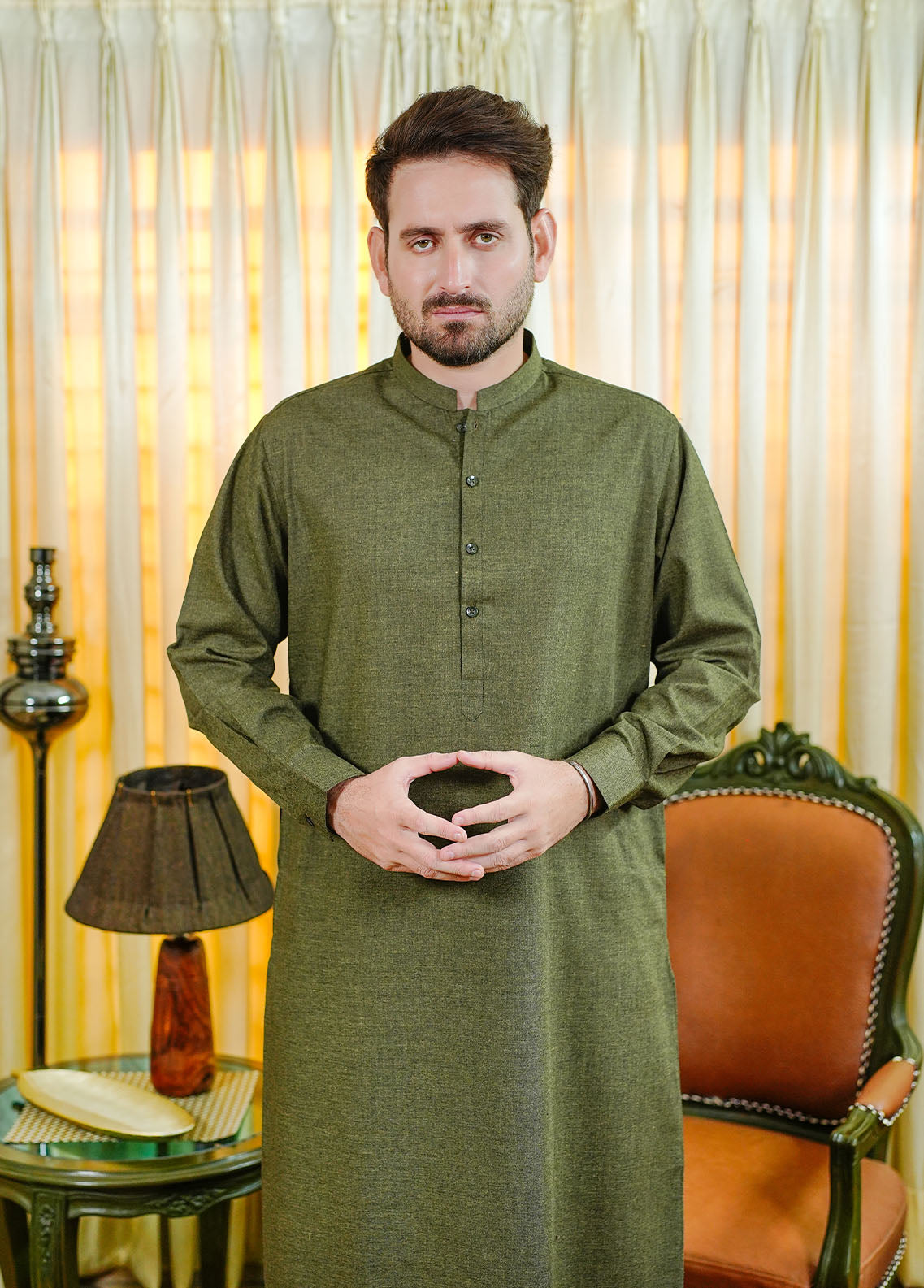 acrylic wool Shalwar Kameez in Olive green