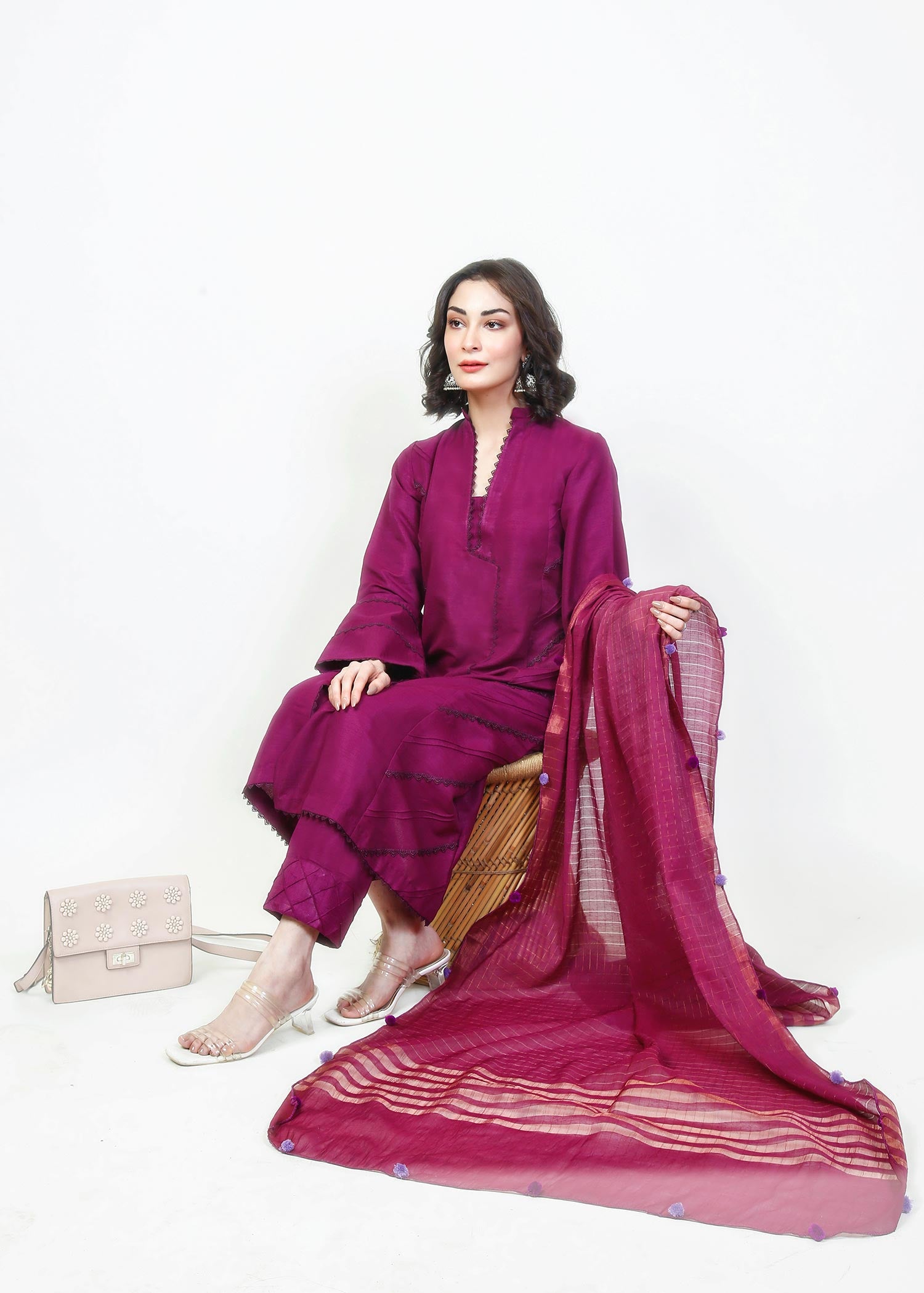 raw silk Short Frock in Magenta