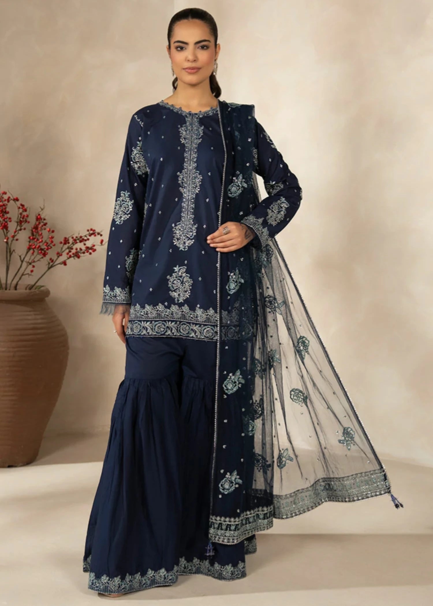 cambric Gharara in Navy blue