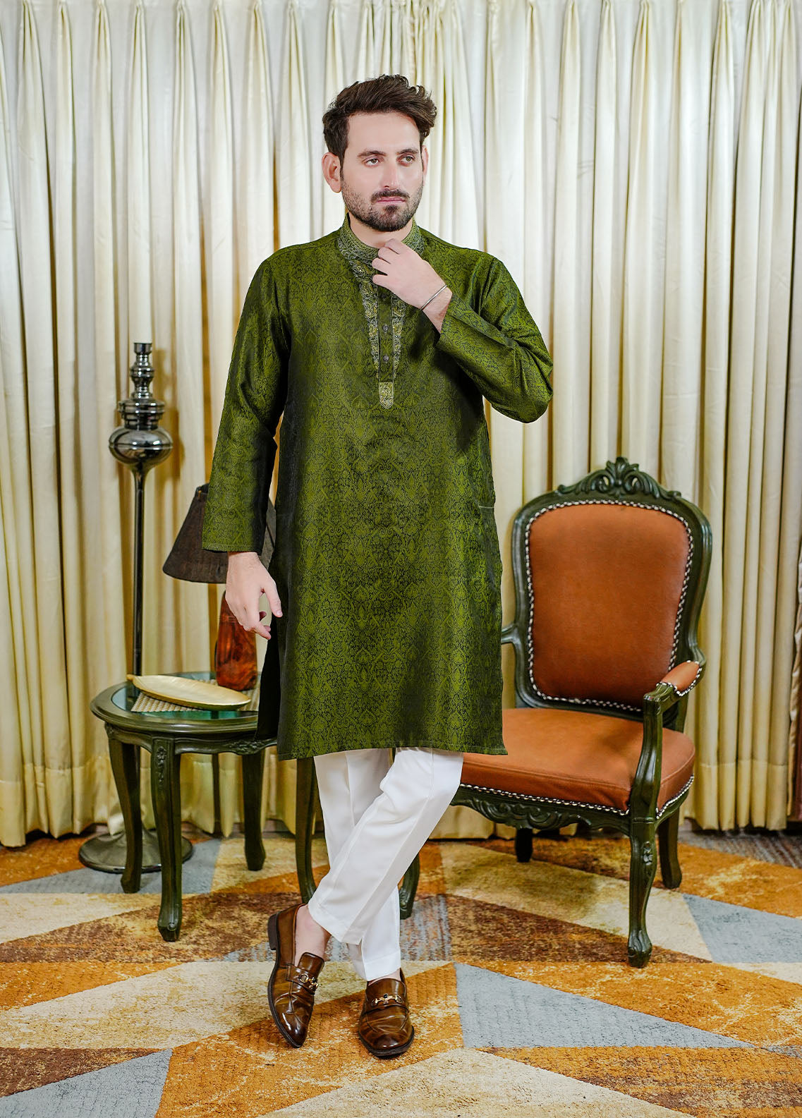 traditional jamawar Kurta in Green