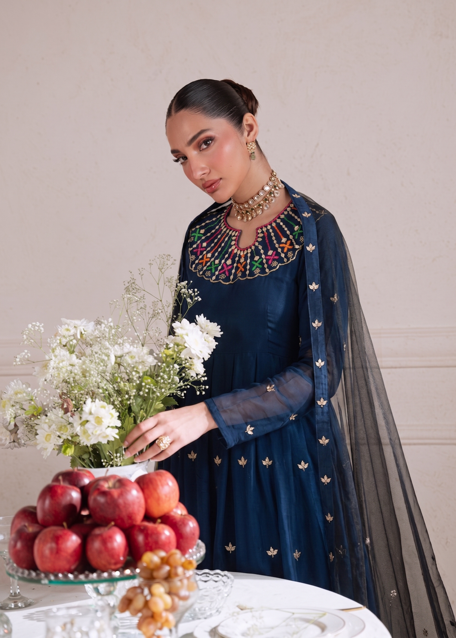 organza Anarkali in Navy blue