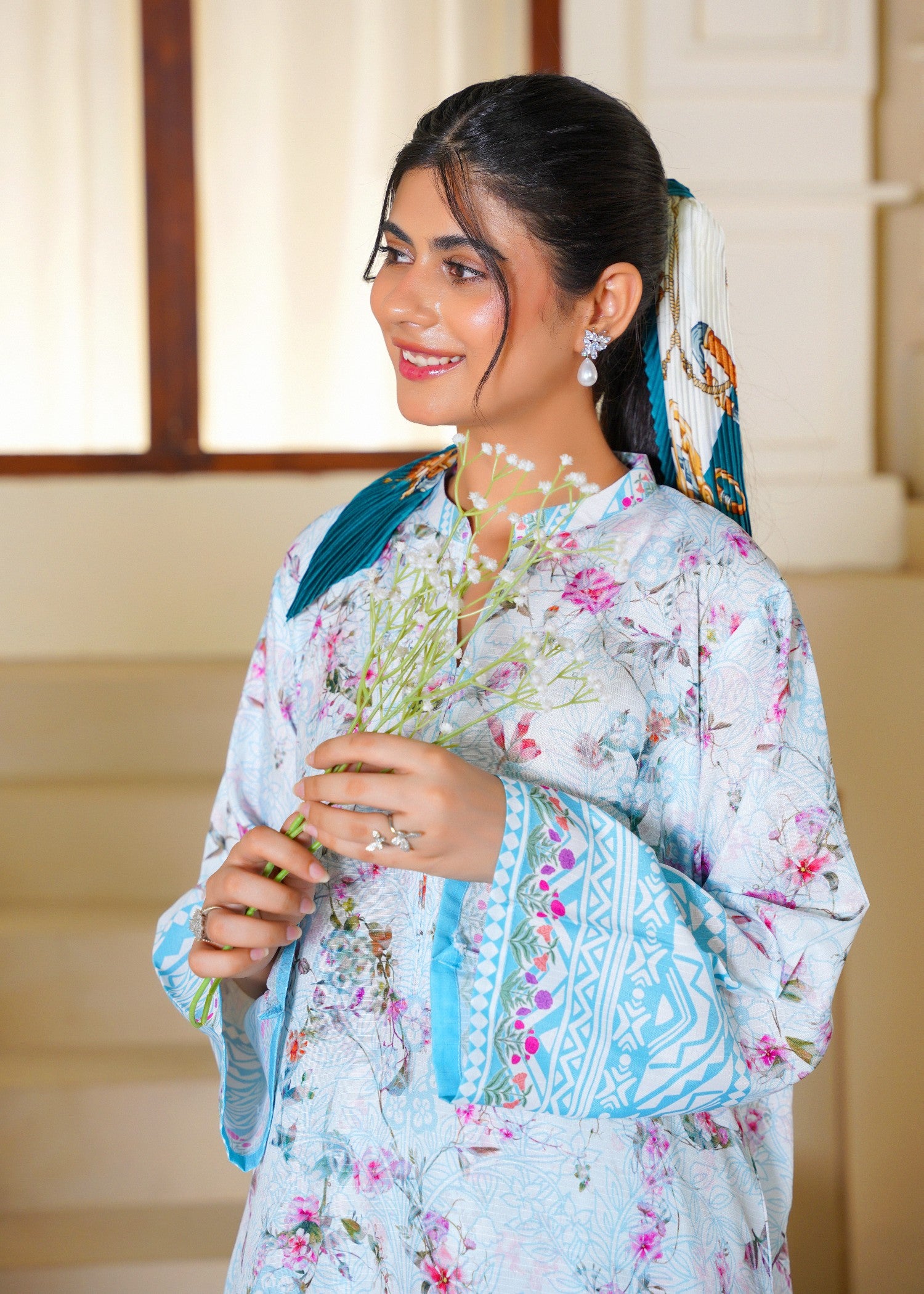 slub cambric Kurta Set in Baby blue
