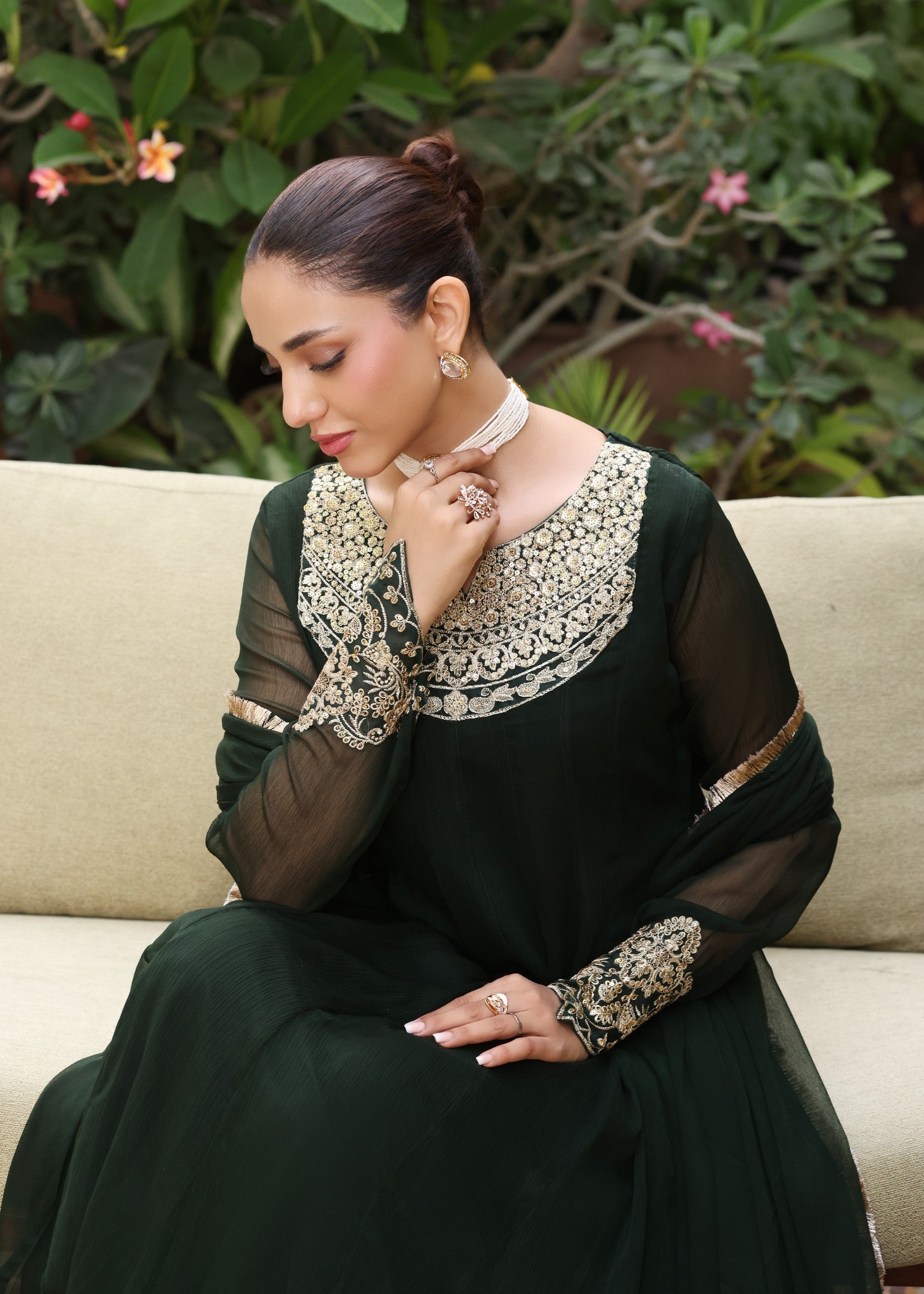 chiffon Pishwas in Dark green