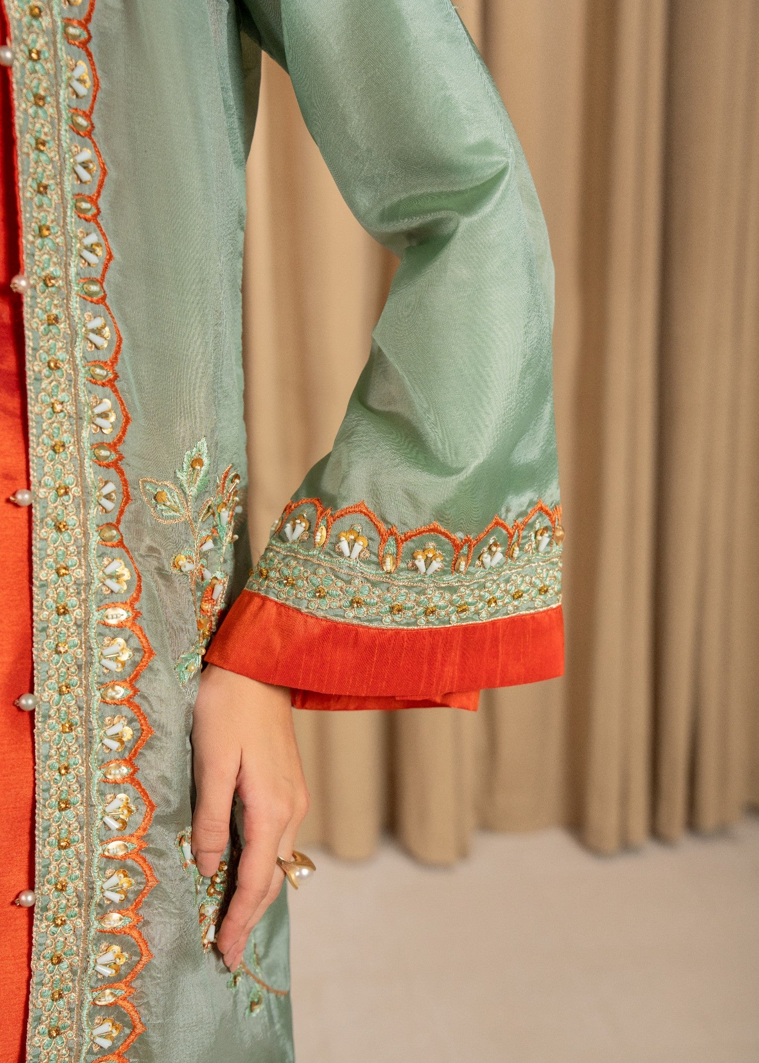 raw silk Gown in Mint green