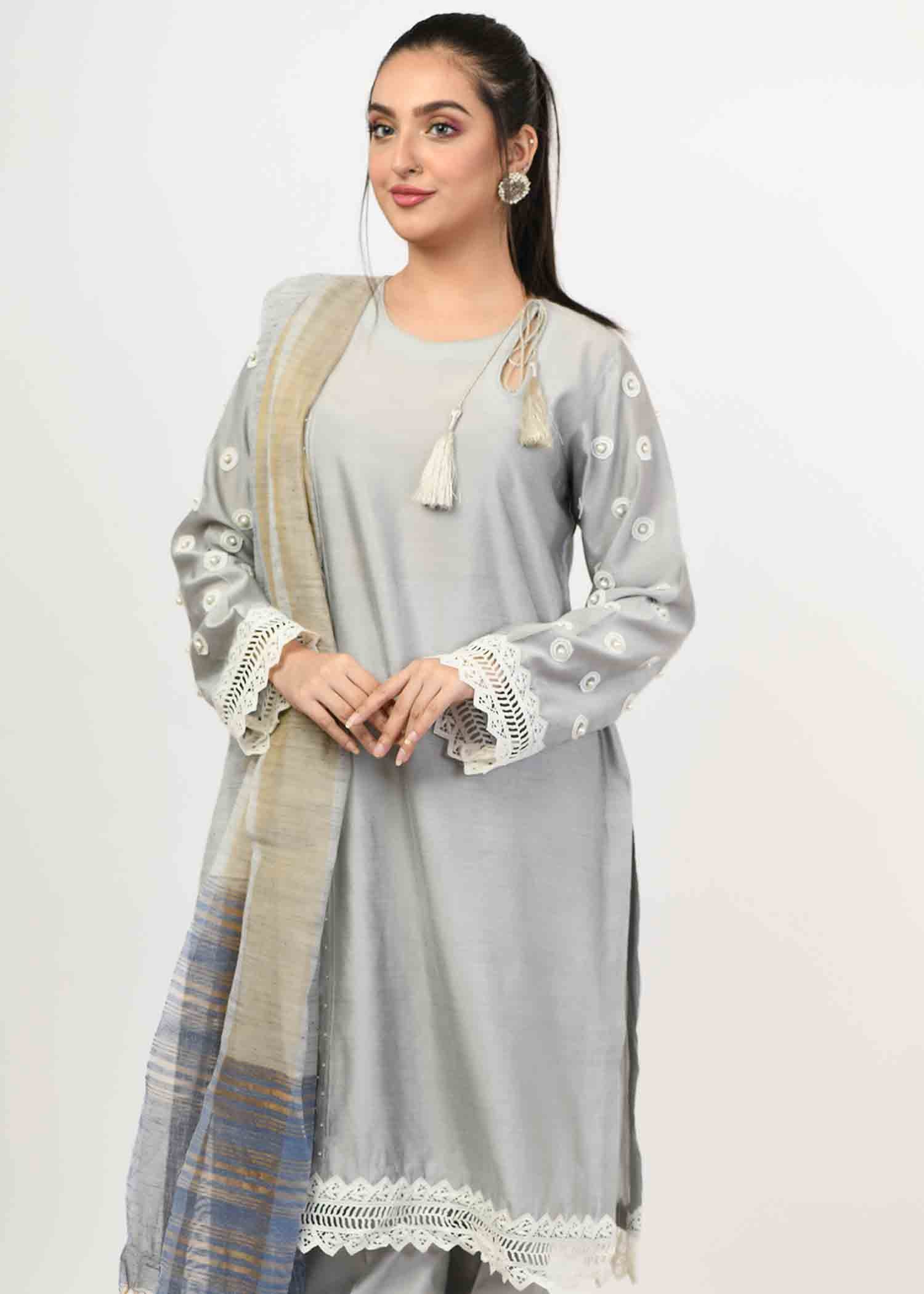 cotton silk Kurta Set in Grey