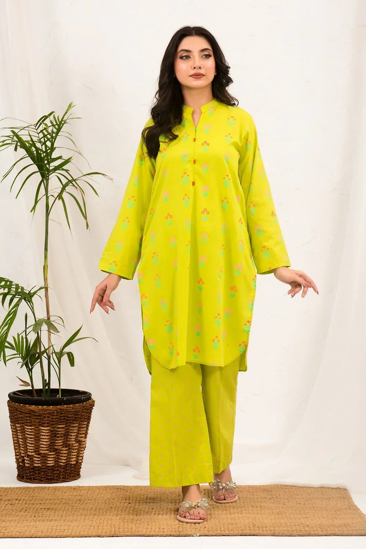 cotton dobby Kurta Set in Lime green
