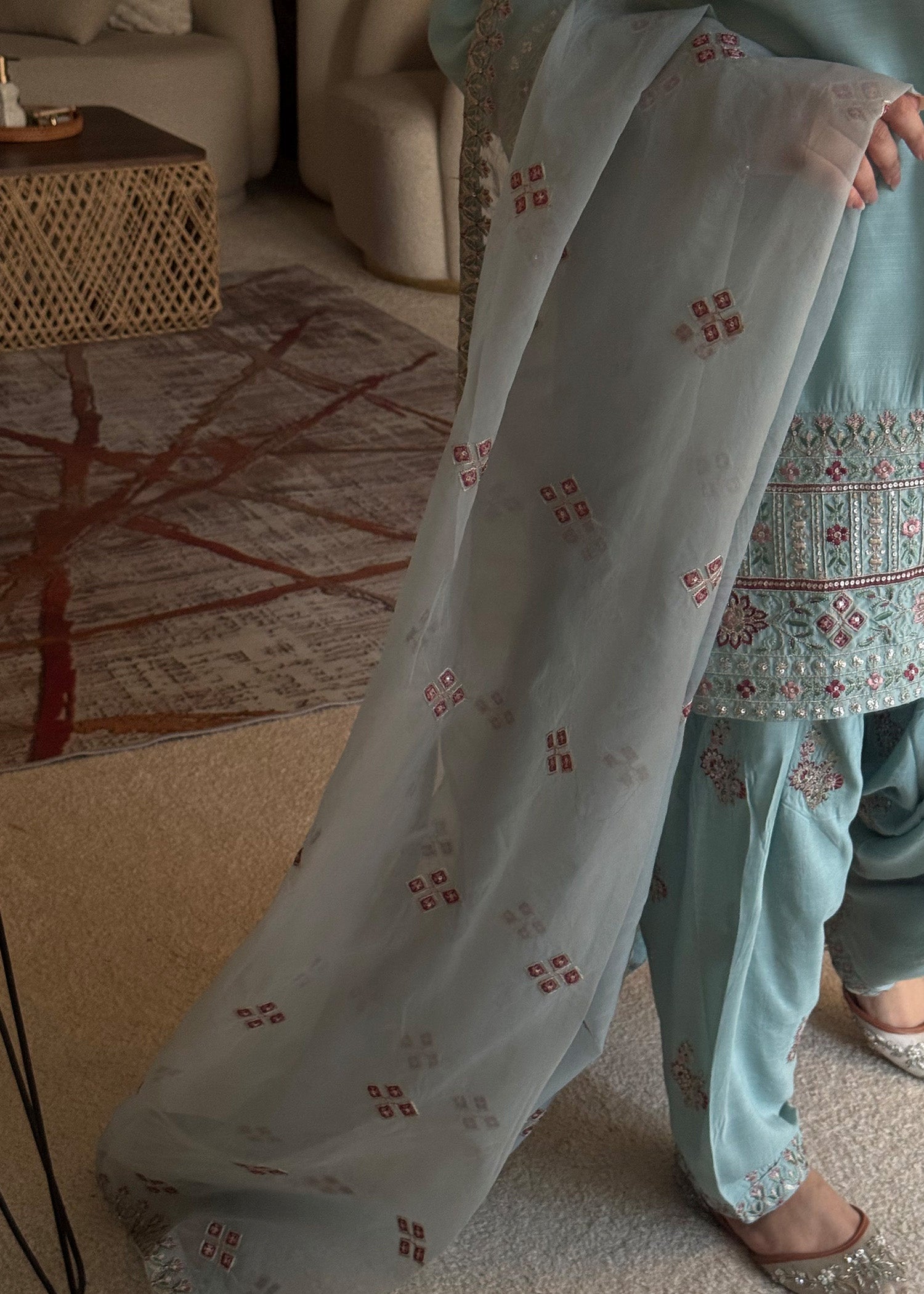 raw silk Kurta Set in Sky blue