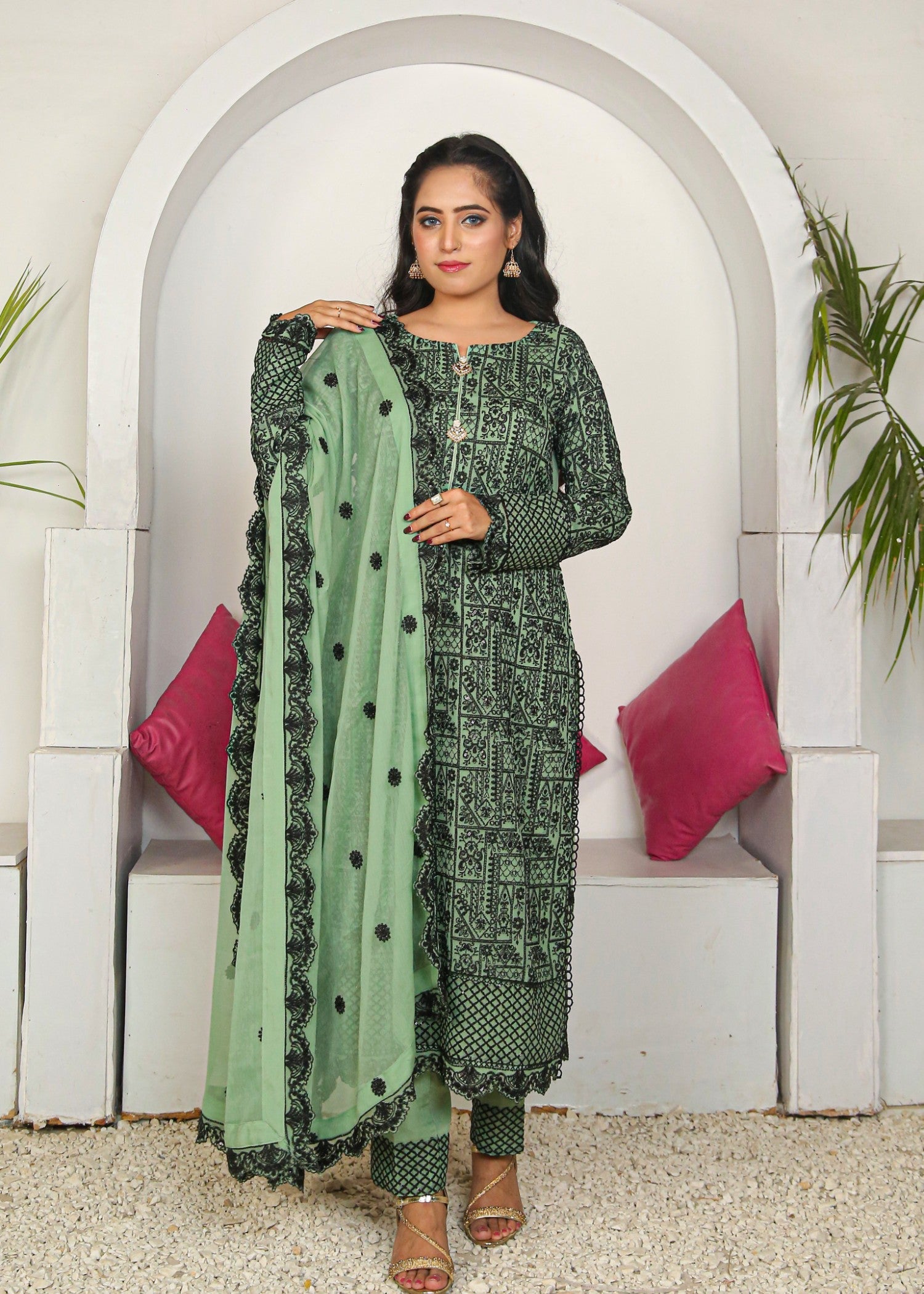 bemberg crinkle chiffon Kurta Set in Mint green
