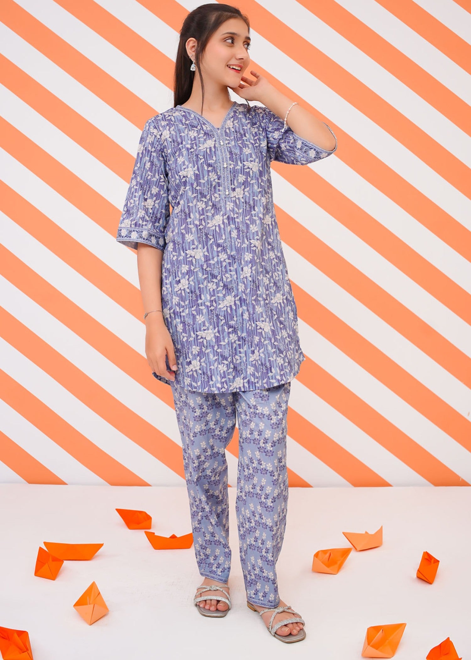 lawn cotton Kurta Set in Denim