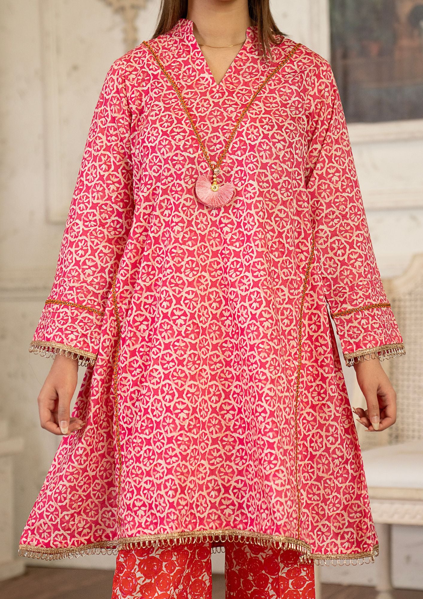 lawn Short Frock in Red