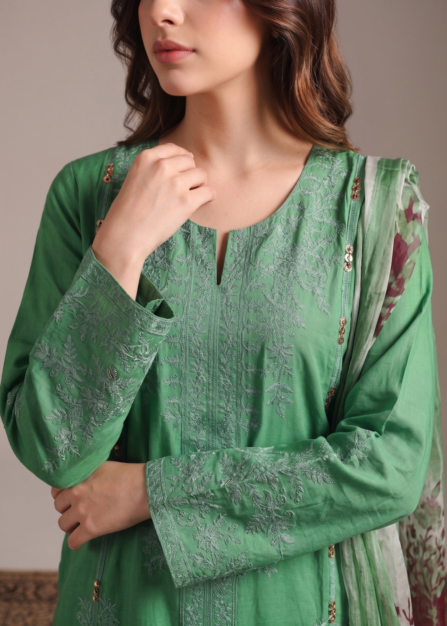 lawn cotton Kurta Set in Green
