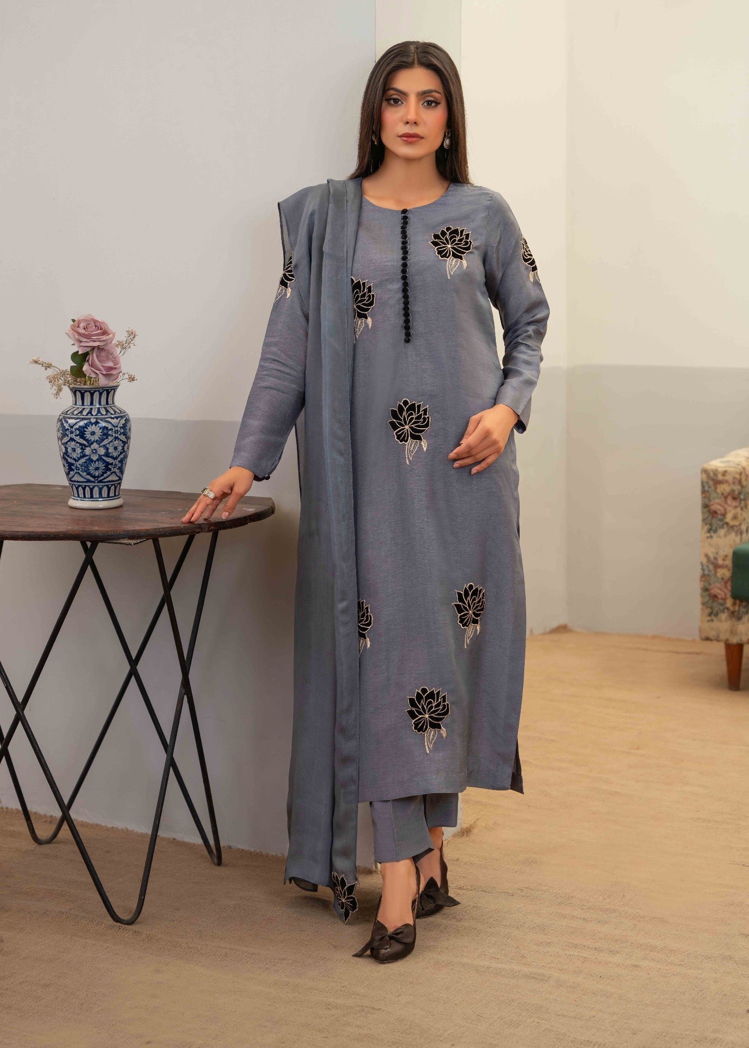silk Kurta Set in Steal grey