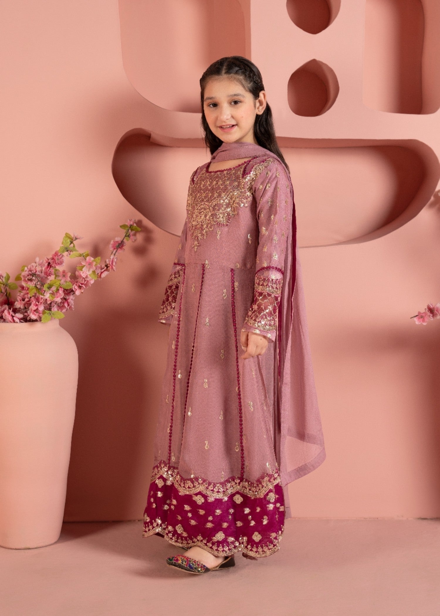 chiffon Pishwas in Zinnia pink