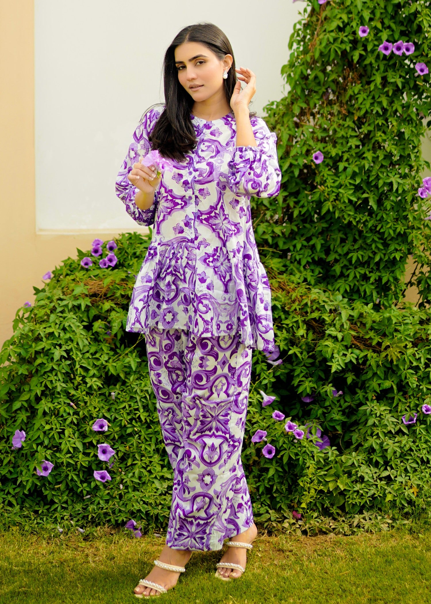 pure cotton Co Ord Sets in White, lilac