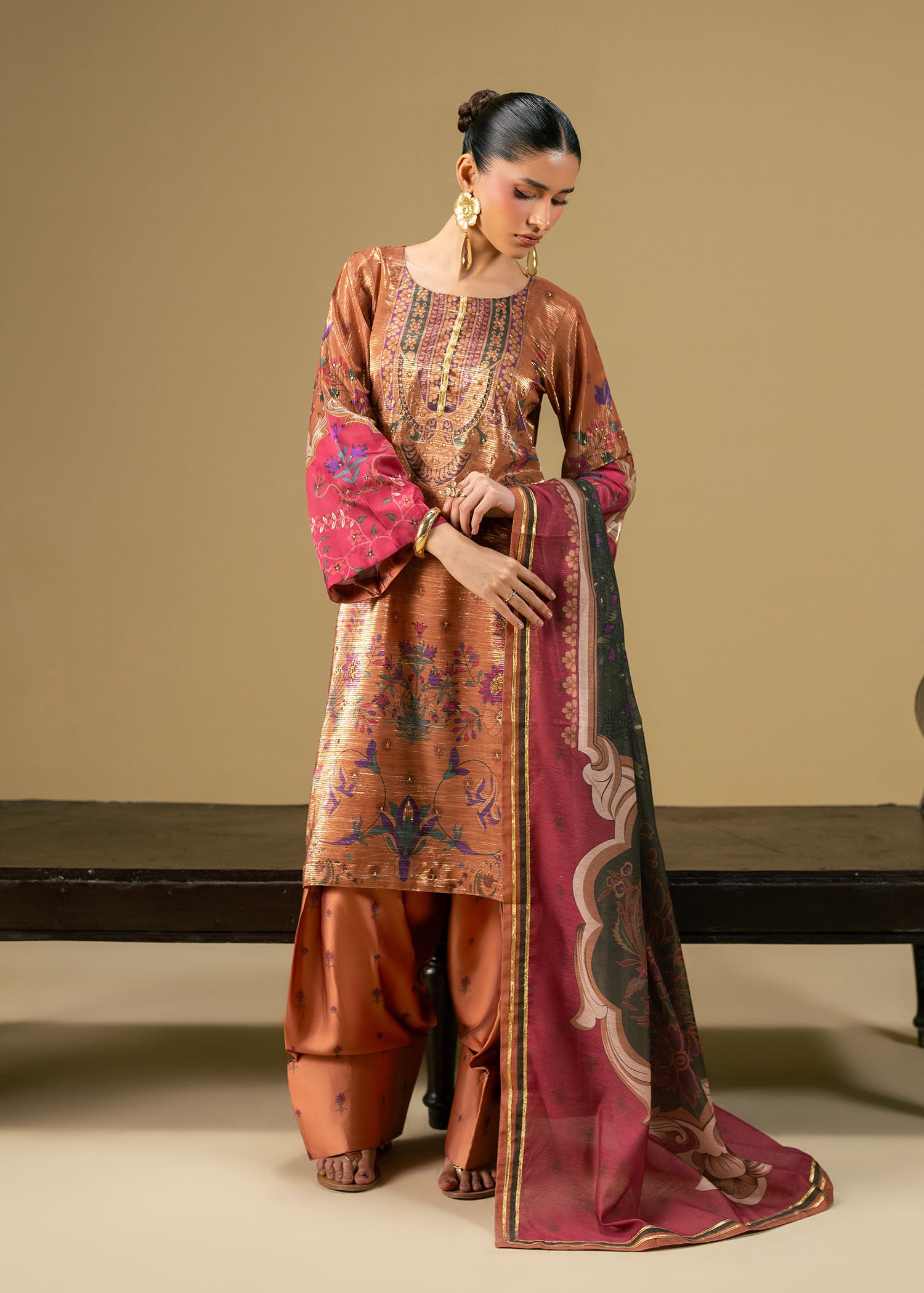 zari net Kurta Set in Rust orange