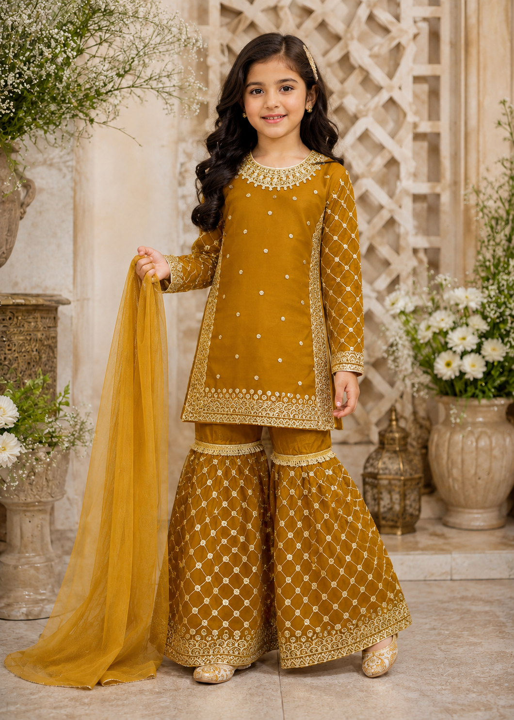 chiffon Gharara in Mustard
