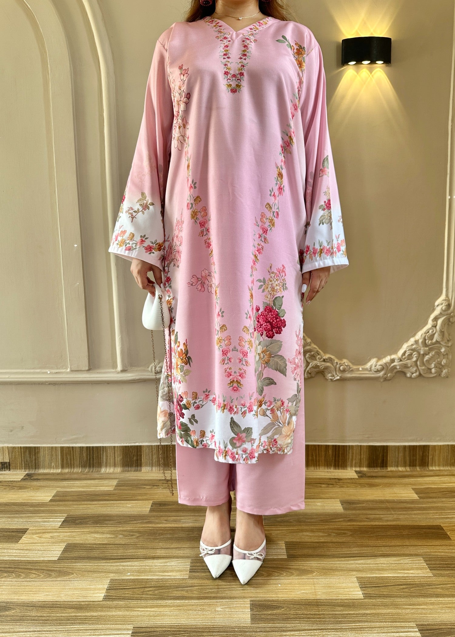 poly lawn Kurta Set in Pastel pink