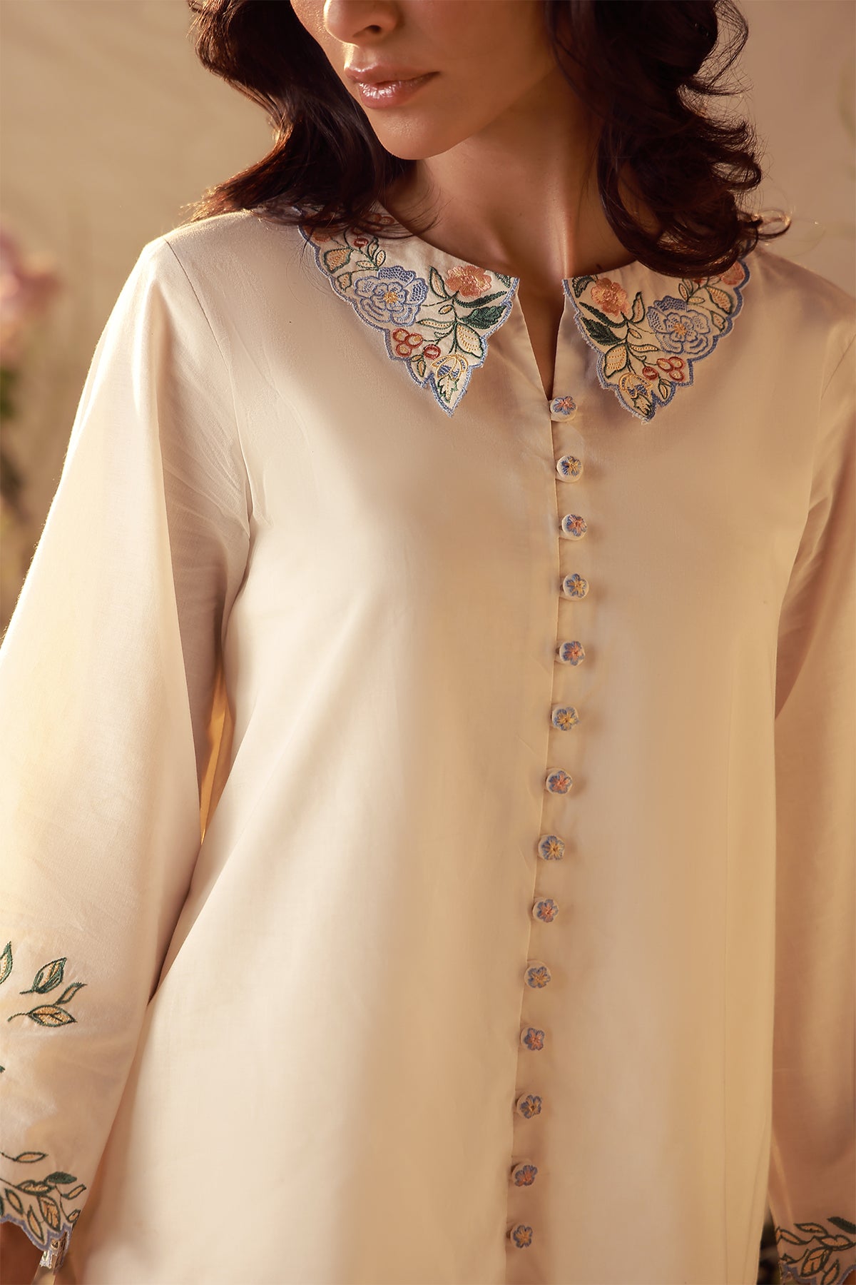 slub cambric Kurta Set in Ivory