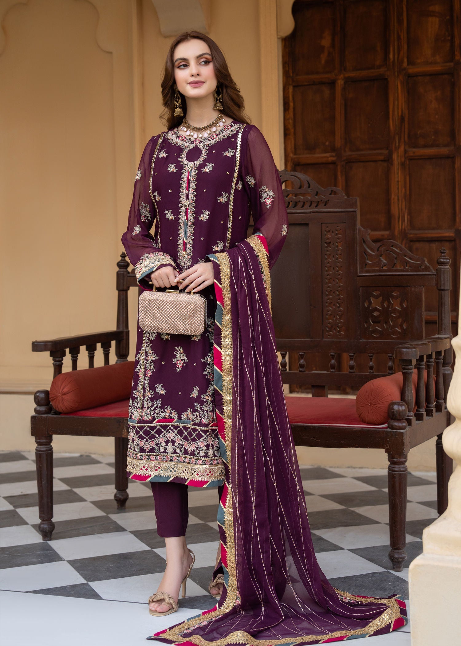 chiffon Kurta Set in Plum