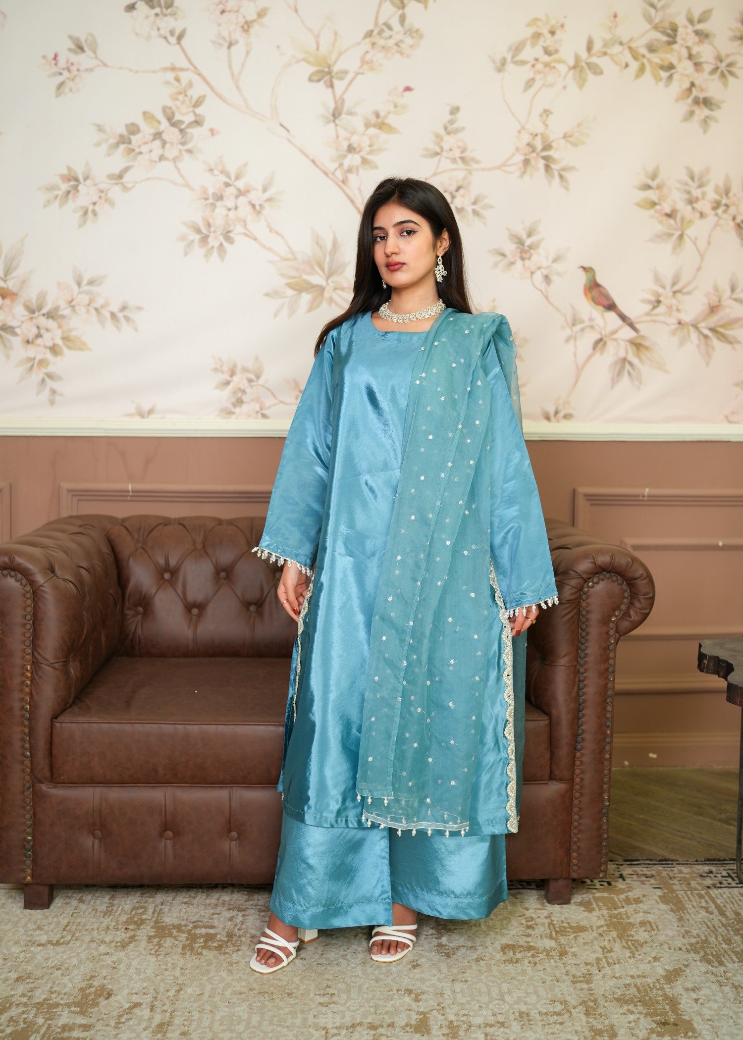 silk Kurta Set in Ocean blue